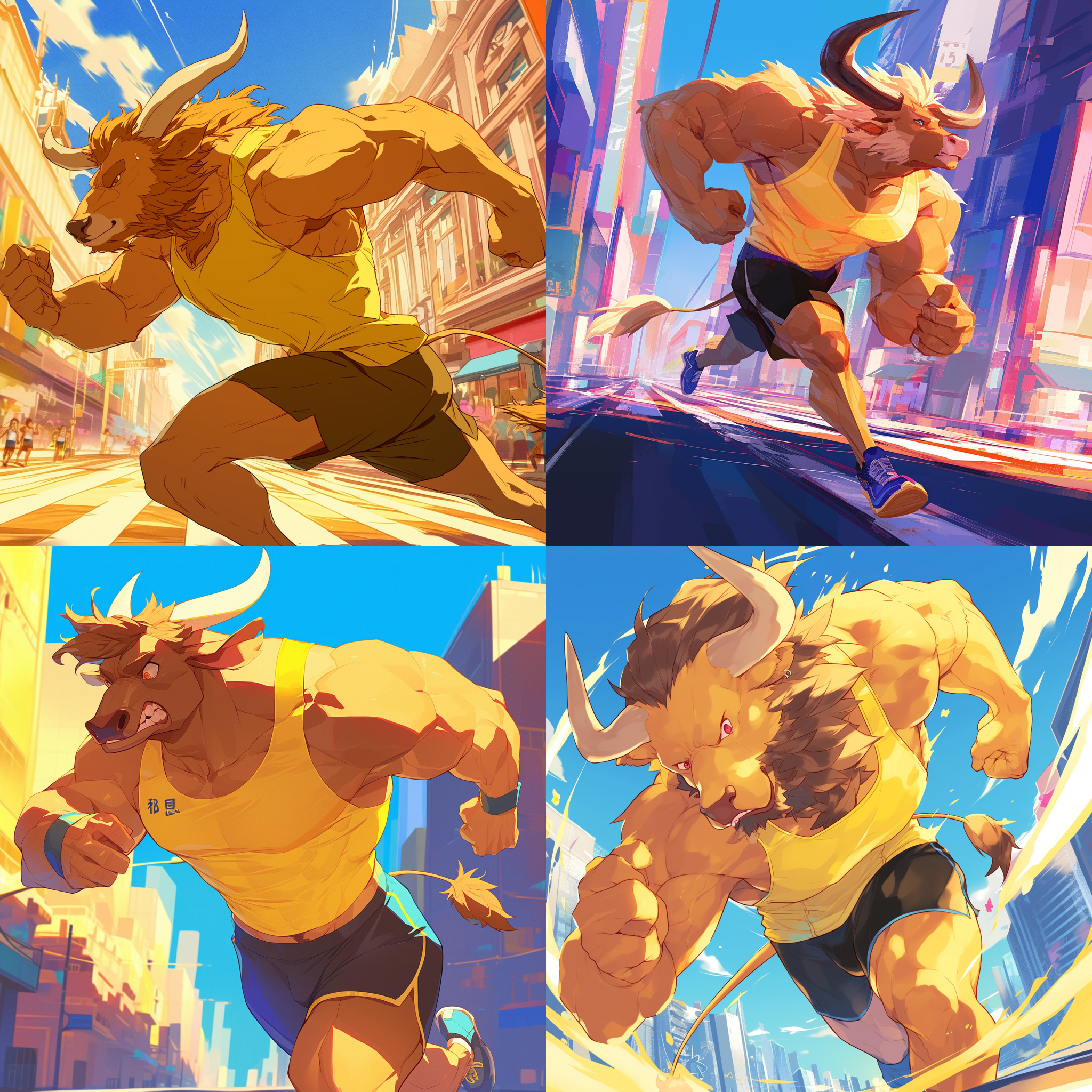 体色黄色的羚牛，背毛金色高高耸立，如黄牛的尾巴，毛很多，穿背心短裤跑马拉松，漫画风格，动感线条，鲜艳色彩，城市街道背景，长焦镜头，逆光，快速快门，奔跑姿态，活力四射。