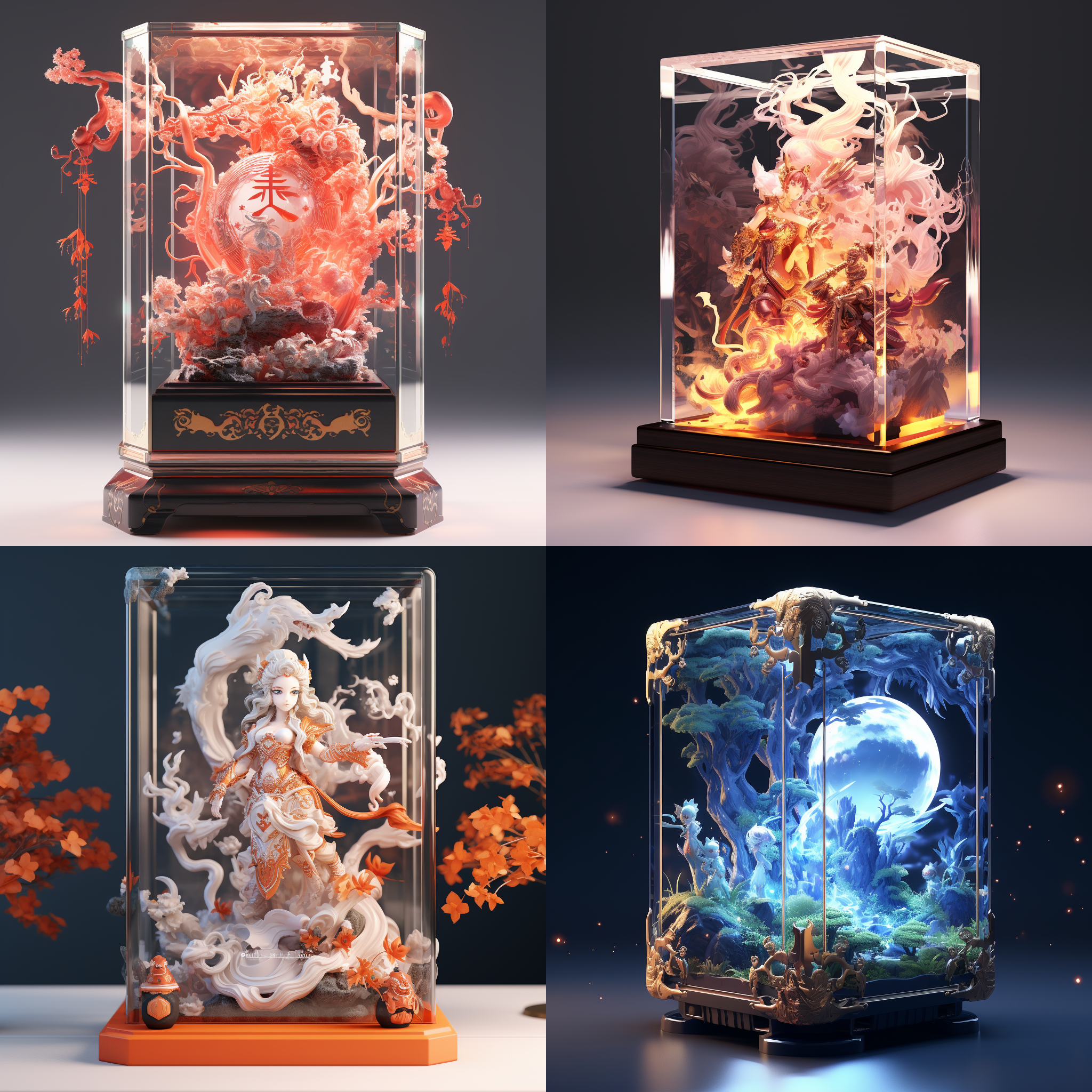 亚克力展示盒，原神，国风华彩，3d渲染，产品图片，充满细节