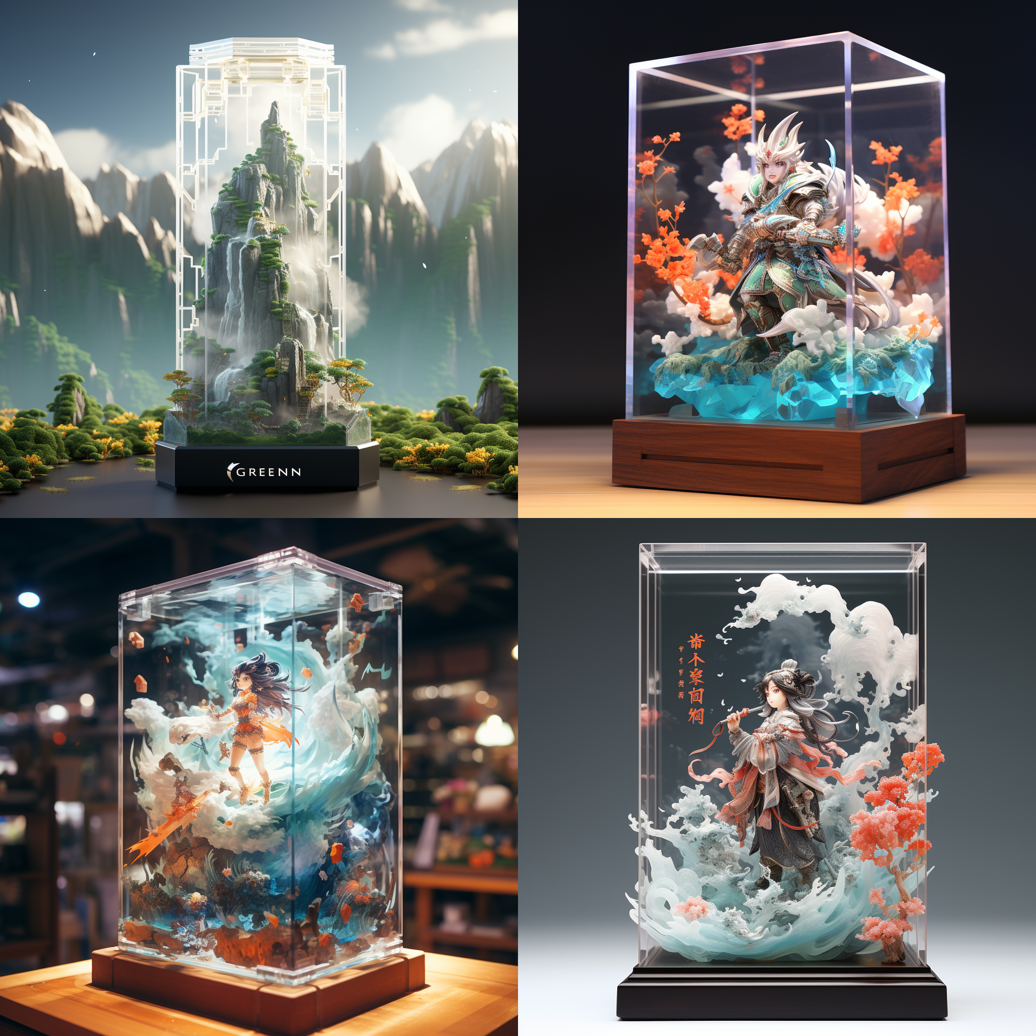 亚克力展示盒，原神，国风华彩，3d渲染，产品图片，充满细节