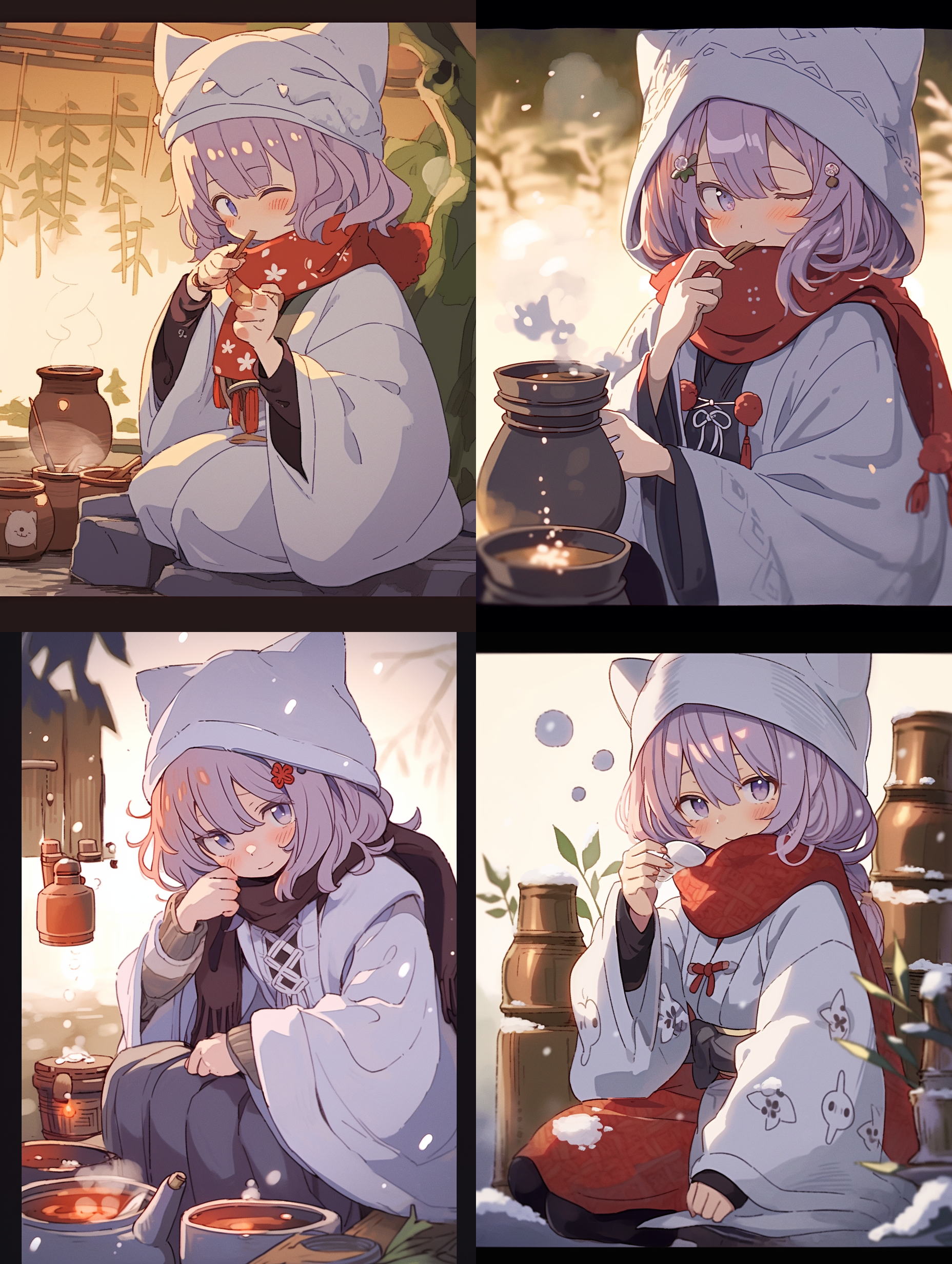 绿蚁新醅酒，红泥小火炉。晚来天欲雪，能饮一杯无？ 红色头发 红色 猫耳 盘腿 坐 歪头 兴奋 笑 得意 蝴蝶结发饰 腿部系带 双辫子 齐刘海 单人 夜晚 下雨 月亮 山上