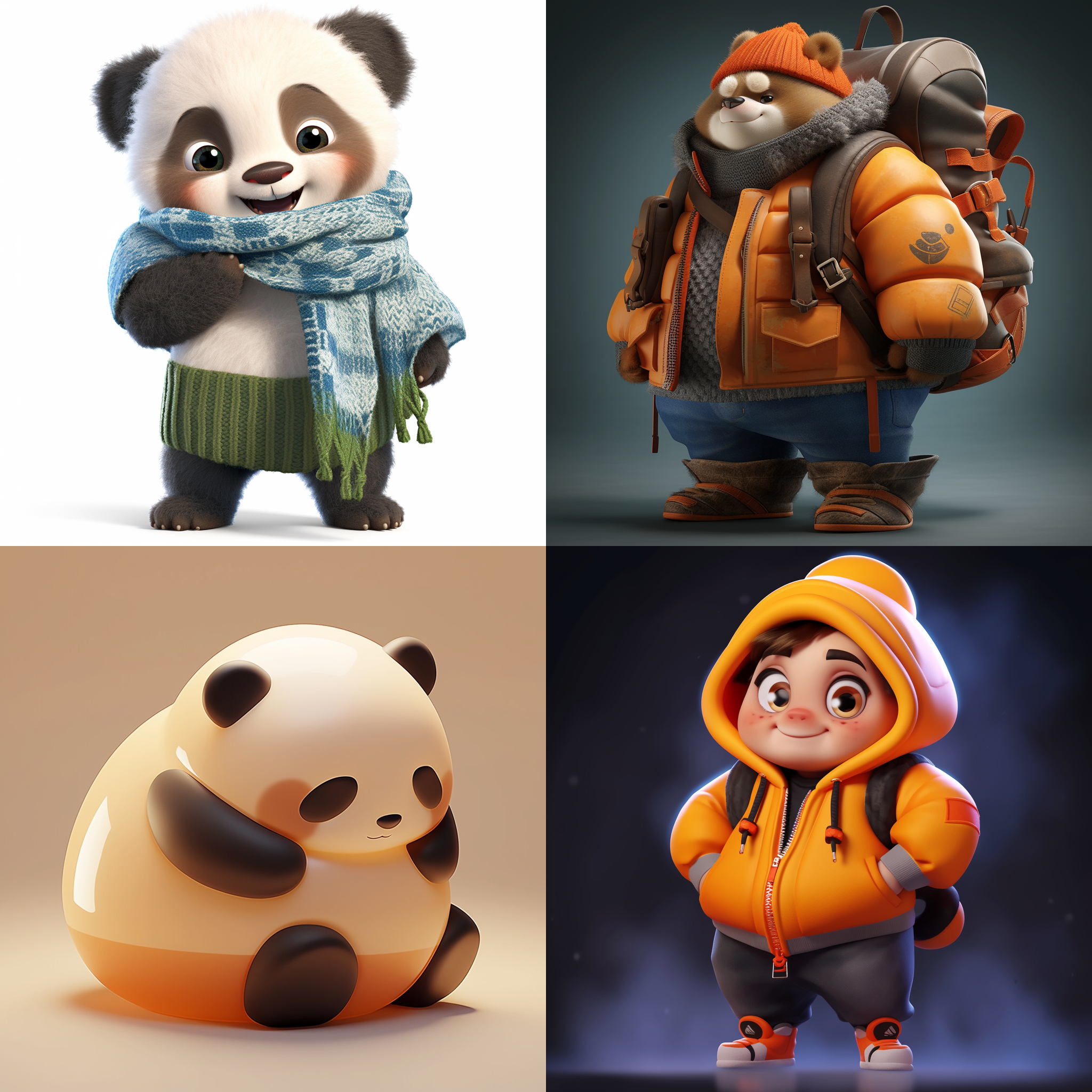 一只可爱的熊猫，看着镜头，站得自然饱满，穿着衣服。高端自然配色，明亮和谐，可爱多彩，光线追踪，泡泡商城风格，设计简洁，ip盲盒形象，人物设计细节，有趣的人物设计，行为，海派，有机雕塑，c4d风格，卡通写实，图书插图风格，4k展示，