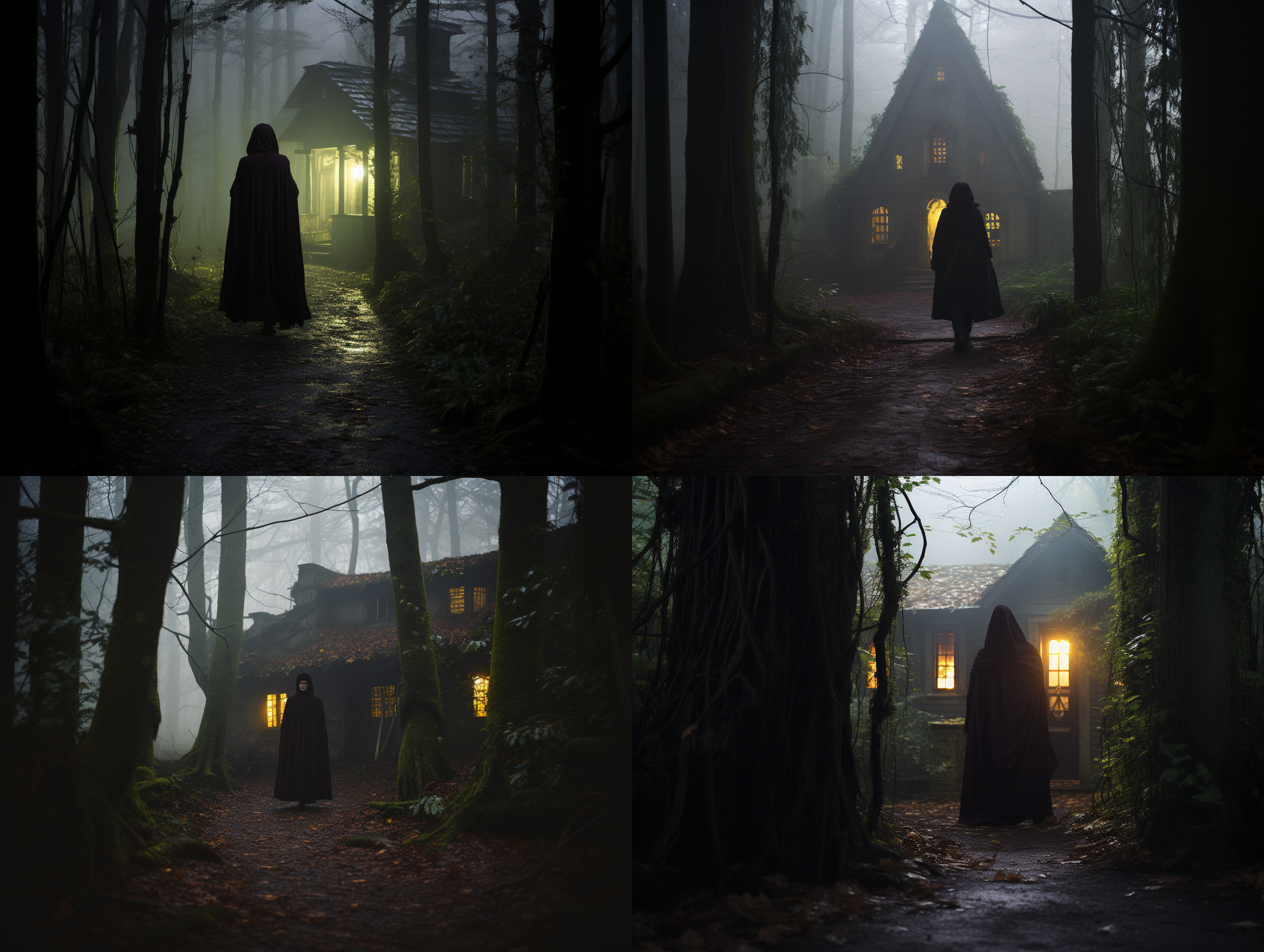在幽暗森林的一角，一座古老的房子矗立着。它被蔓延的藤蔓环绕，给人一种神秘而诡异的感觉。一位穿着斗篷的女巫站在门前的小路上，她的身影在昏暗的灯光下若隐若现。这张照片以黑暗色调为主，突出了房子的陈旧和女巫的神秘感，传达出一种神秘、诡异的氛围。女巫，斗篷，幽暗，森林，房子，藤蔓，黑暗，神秘 照片 强边缘光 高分辨率