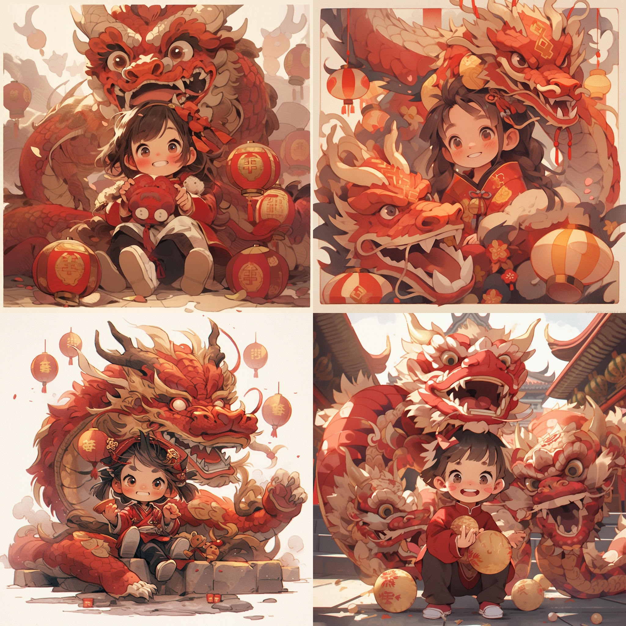 绘画一只可爱的中国小金龙，小金龙要拟人化，穿着淡金色的棉衣，手上拿着一张方形的红纸，四周有红色的灯笼和古铜色的铜钱，有新年的喜庆感，矢量设计，600dpi