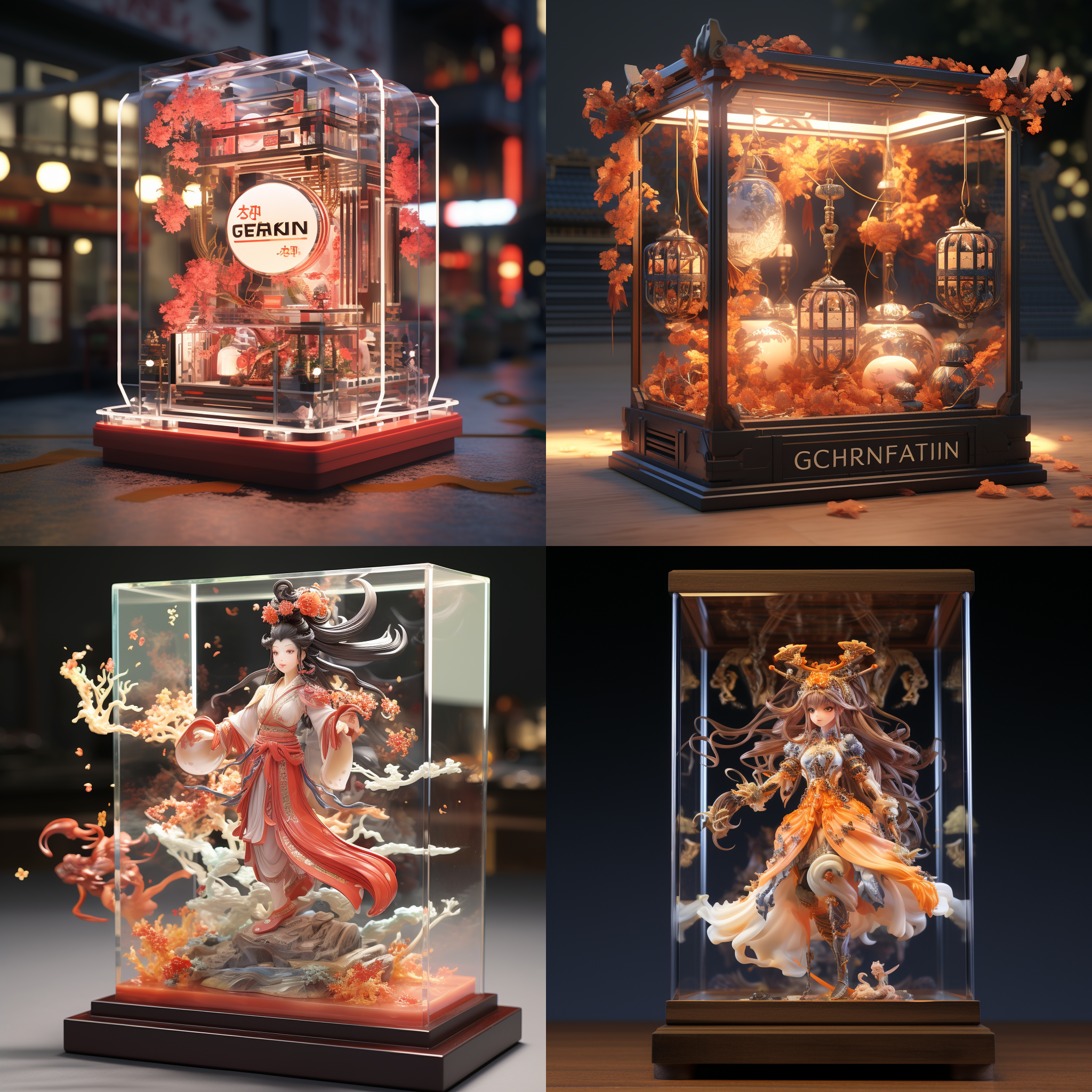 亚克力展示盒，原神，国风华彩，3d渲染，产品图片，充满细节