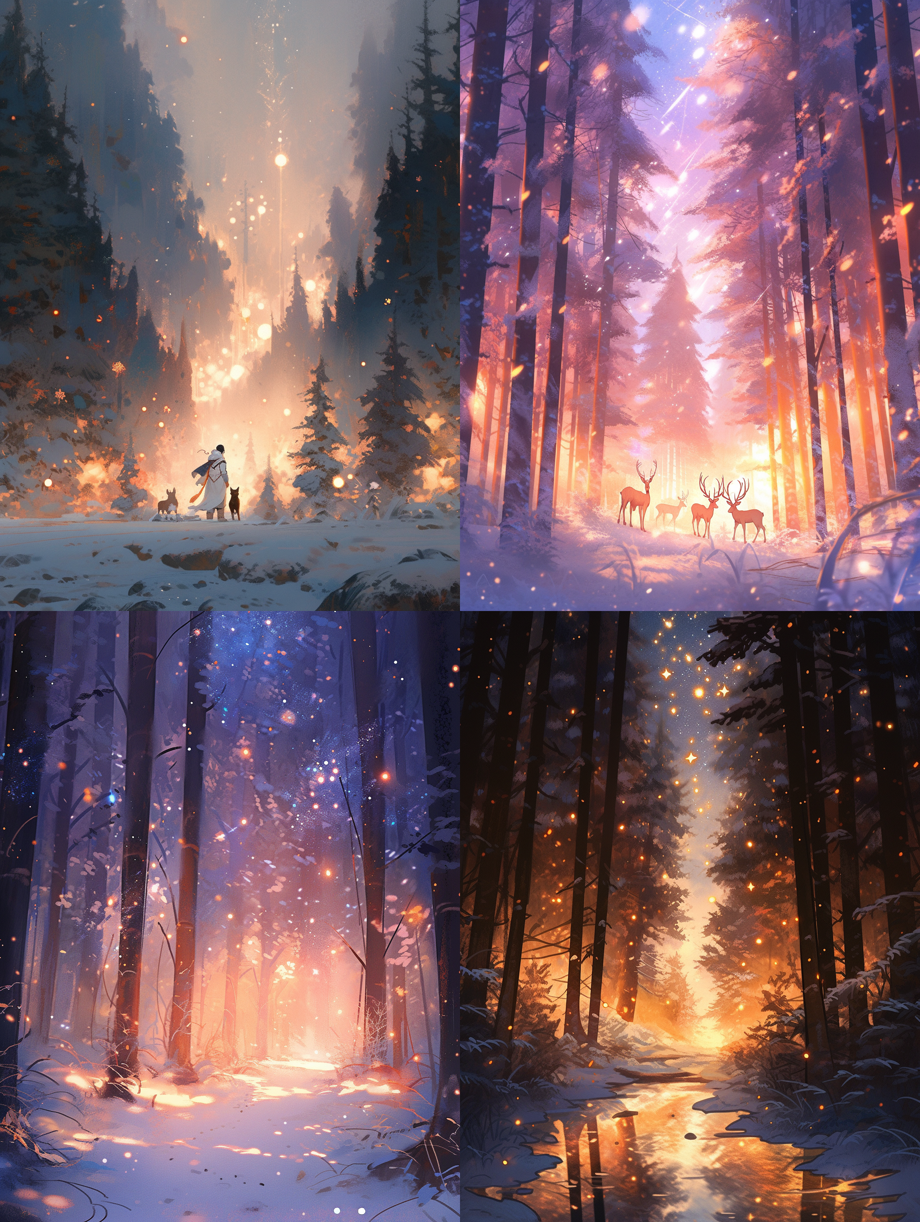 黑暗中带着银色灯光的童话风格，深橙色和浅紫色的风格，松树上被积雪覆盖，梦幻般的现实主义，星星艺术团（星星），森林朋克，雪景，现实主义的灯光，浅金色和深紫色 超级高分辨率 大文件 风景