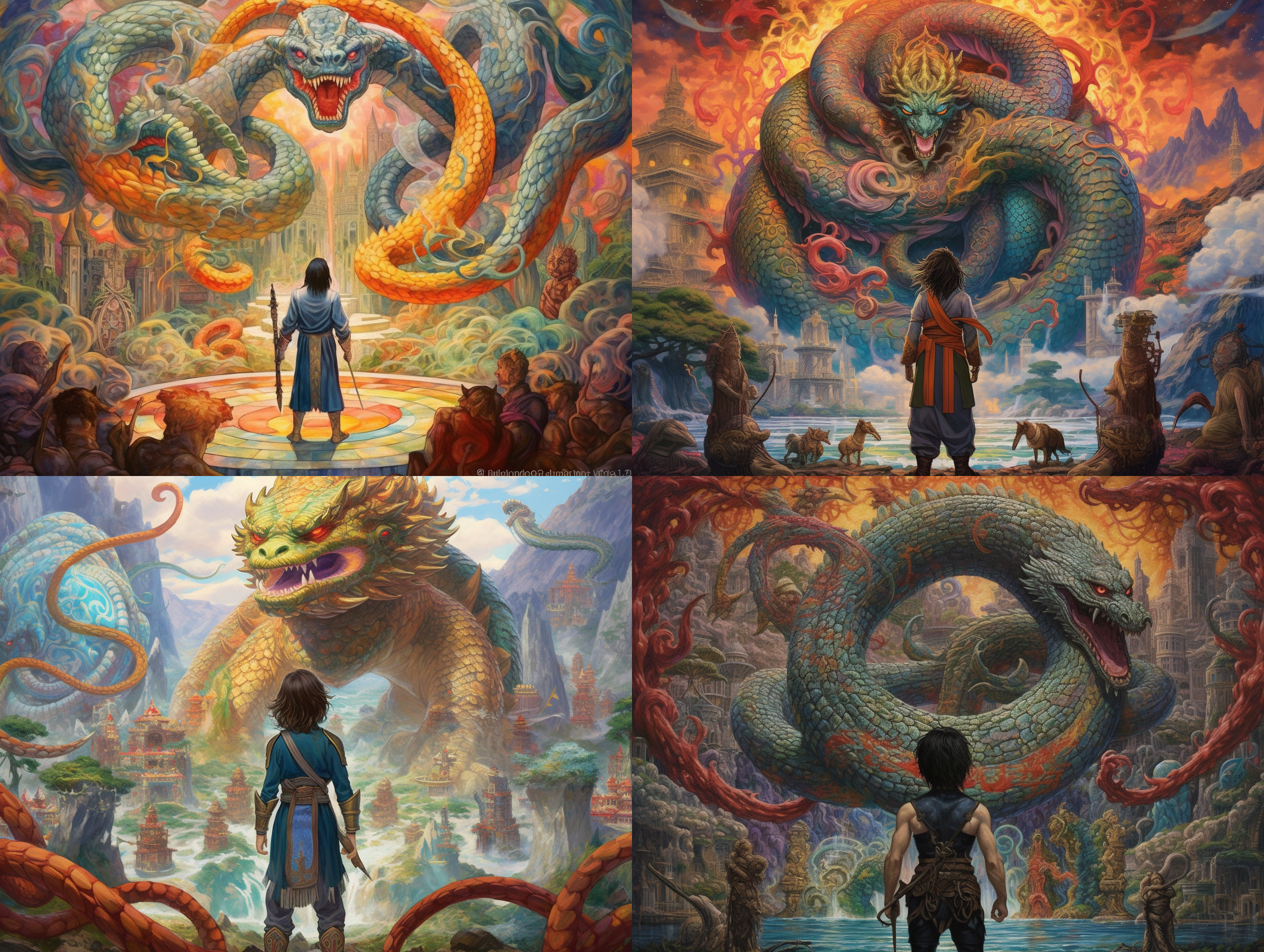 少年的背影，身穿战甲，身边围绕着地水火风四元素灵珠，站在巨大的三头蛇怪物面前，准备发动进攻，玄幻，色彩丰富，细节丰富。