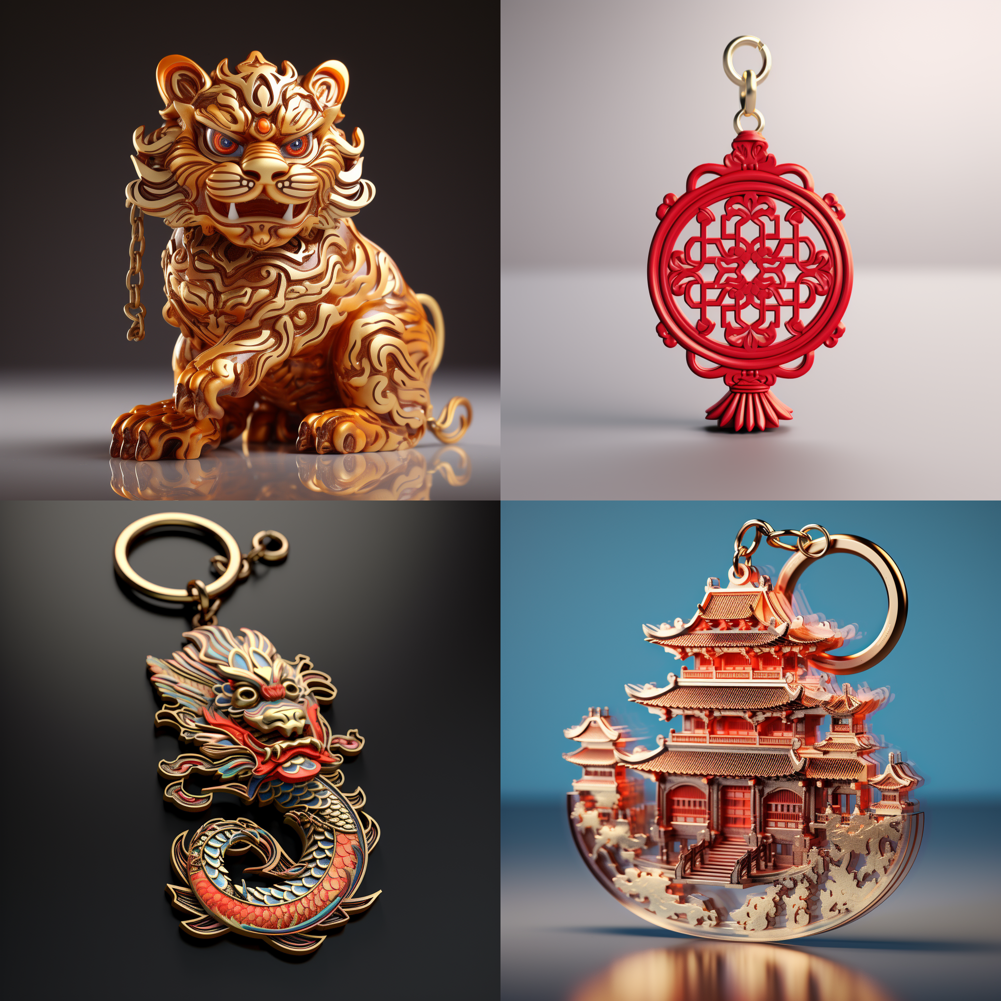 亚克力钥匙扣，国风华彩，3d渲染，产品图片