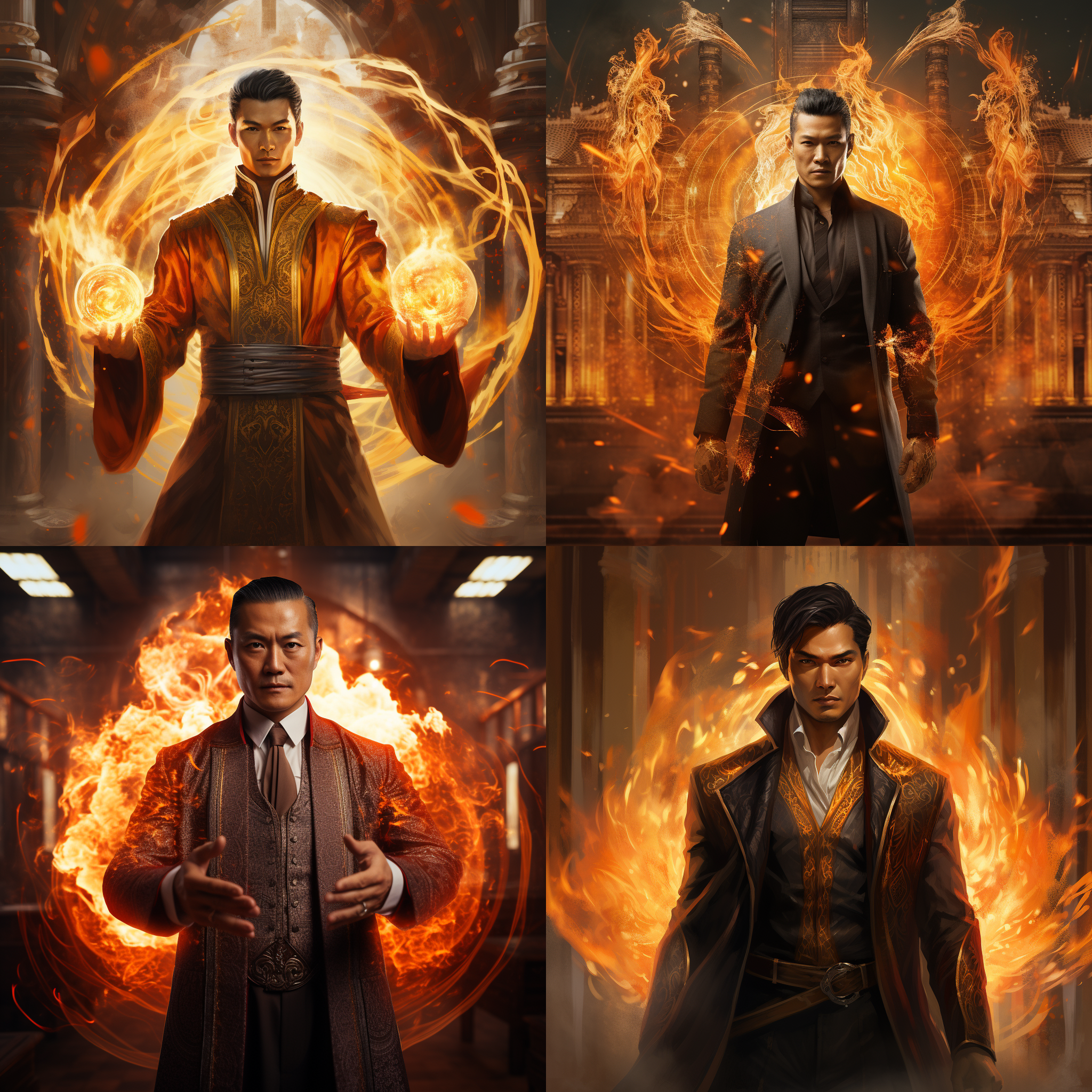 一个正面视角的亚洲术士，穿着帅气站在帝国的时空门前，手上操纵着火焰，目光坚定，看向前方