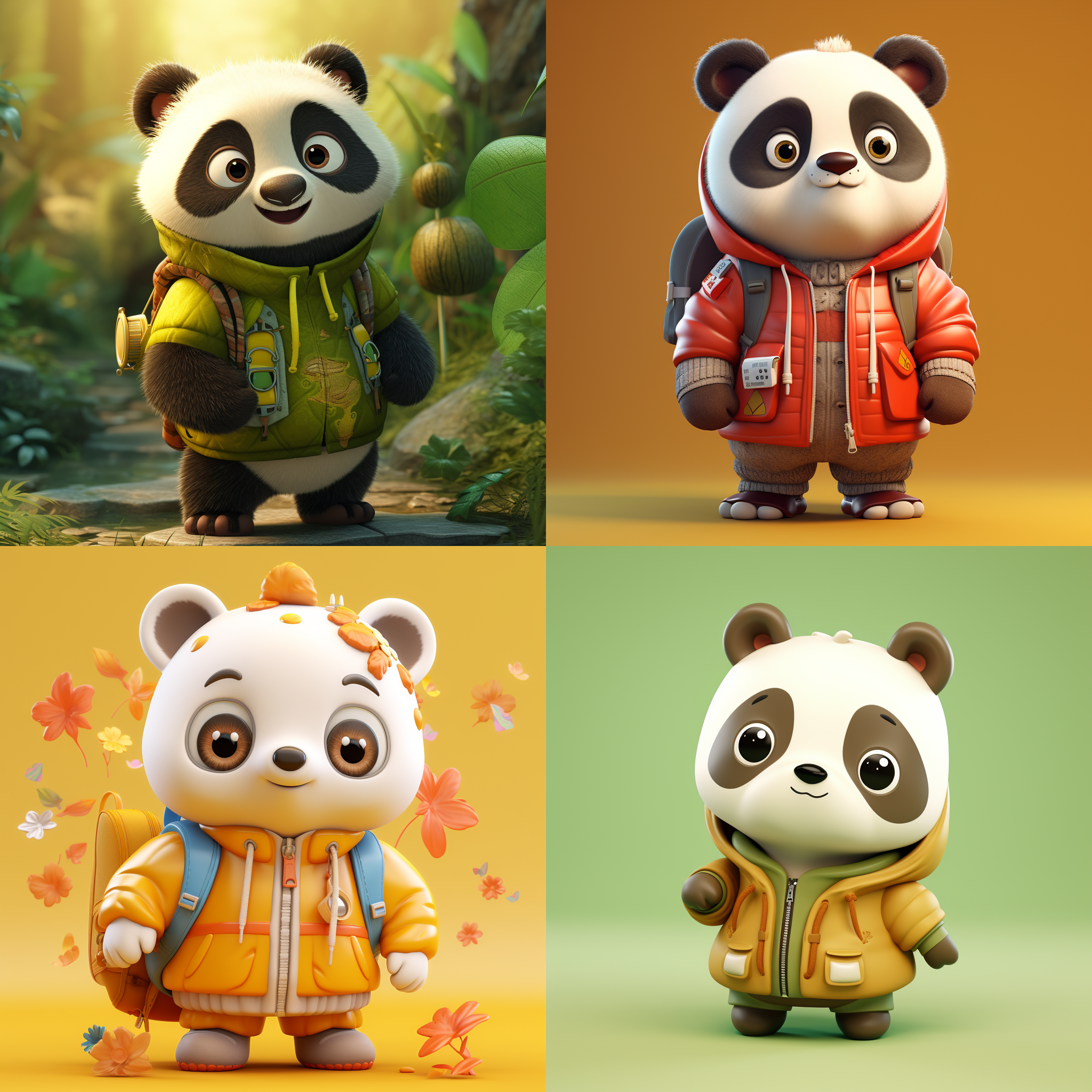 一只可爱的熊猫，看着镜头，站得自然饱满，穿着衣服。高端自然配色，明亮和谐，可爱多彩，光线追踪，泡泡商城风格，设计简洁，ip盲盒形象，人物设计细节，有趣的人物设计，行为，海派，有机雕塑，c4d风格，卡通写实，图书插图风格，4k展示，
