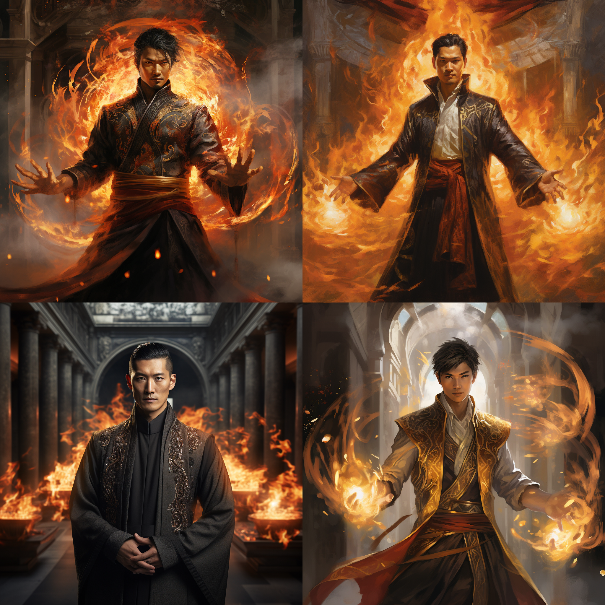 一个正面视角的亚洲术士，穿着帅气站在帝国的时空门前，手上操纵着火焰，目光坚定，看向前方