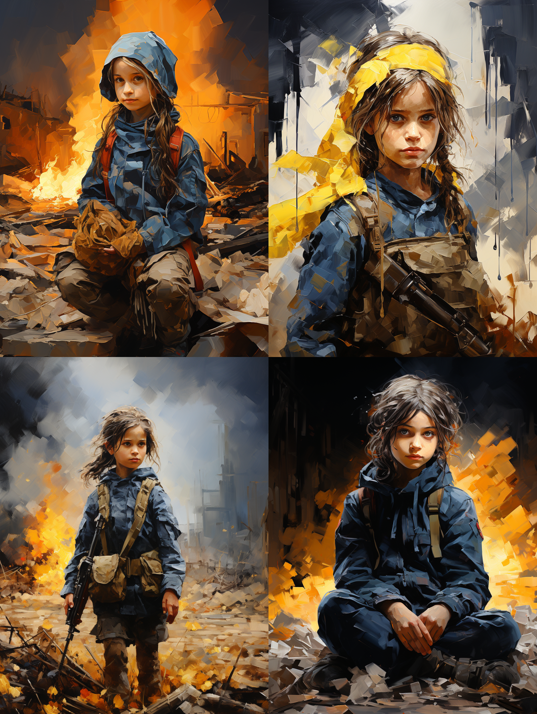俄乌战争，加沙战争，小女孩，残忍，反战，梵高风格油画效果。