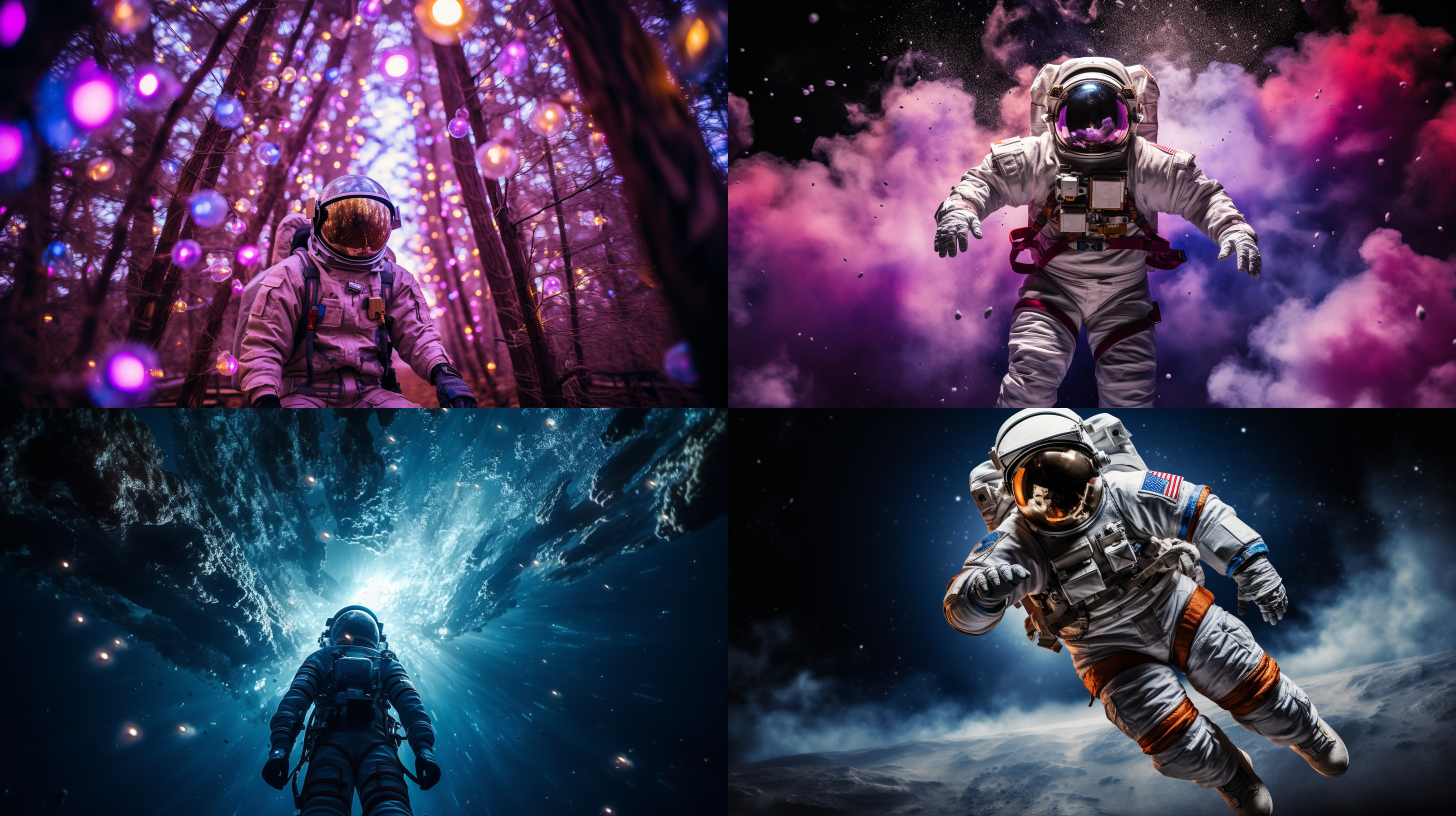 一位宇航员在无边宇宙中漂浮，背景是绚丽的星空。他的宇航服闪烁着蓝色和紫色的射线，照亮了他的身影。这张照片采用广角镜头，突出了宇航员与宇宙的对比。光线温暖而柔和，呈现出壮观的宇宙奇观。主题：奇幻，探索，无限，自由，勇气，神秘，壮丽，希望。