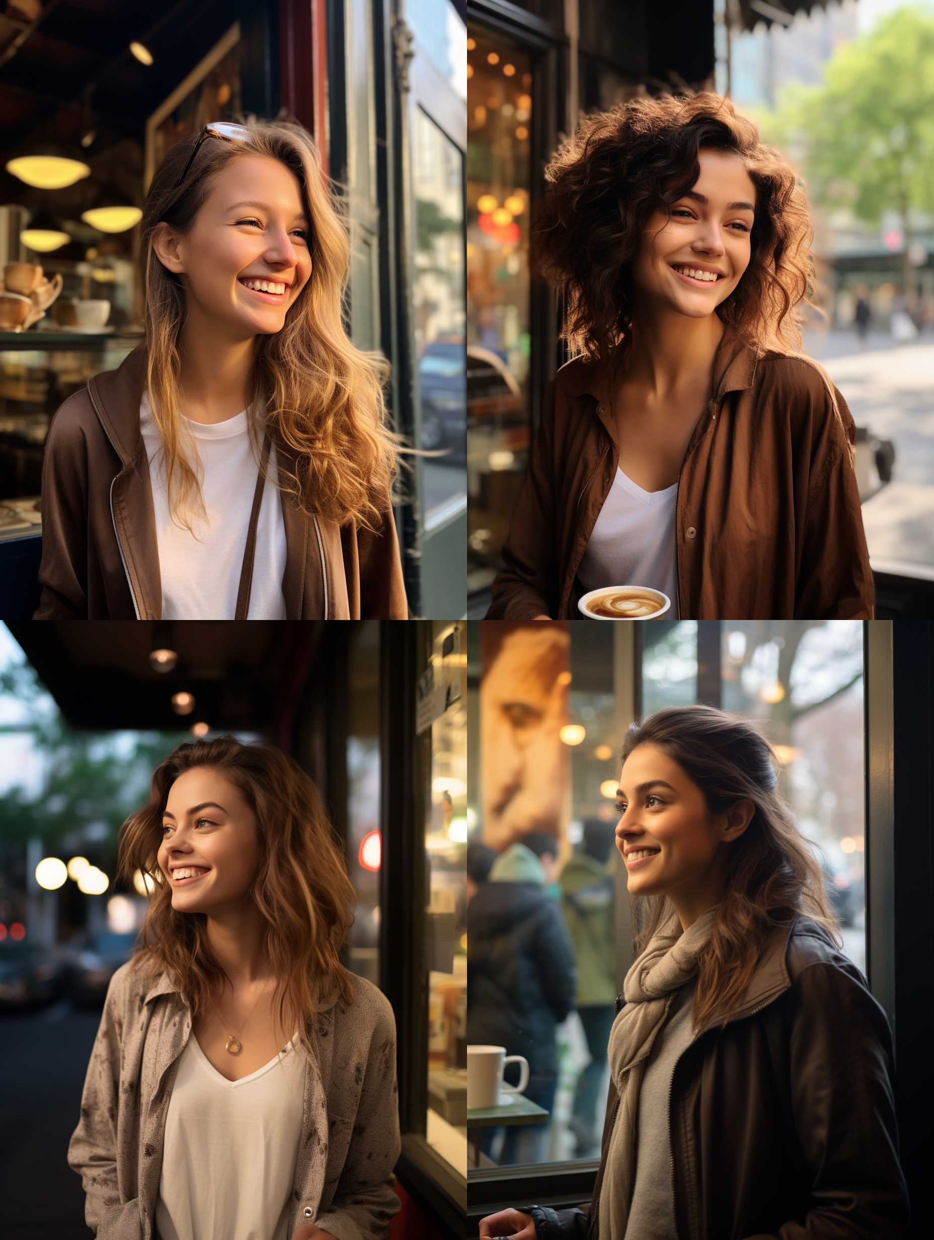 一个女孩，微笑，站在咖啡店前，头像 照片 集中于人脸