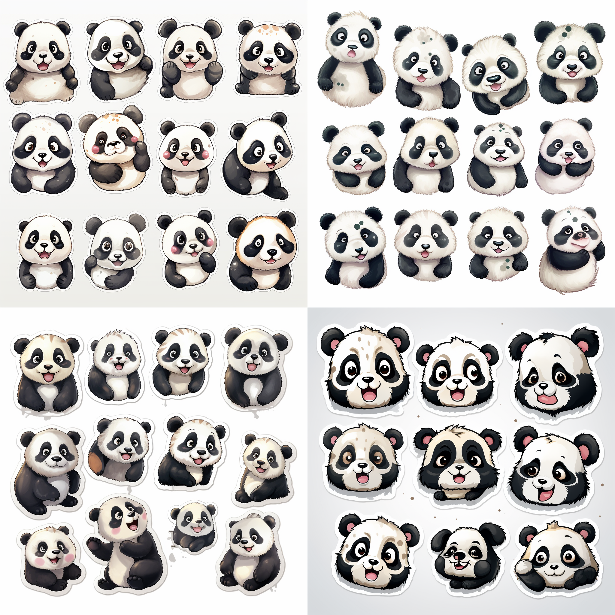 贴纸，熊猫表情包，各种表情，白底背景，水彩风格，设计稿