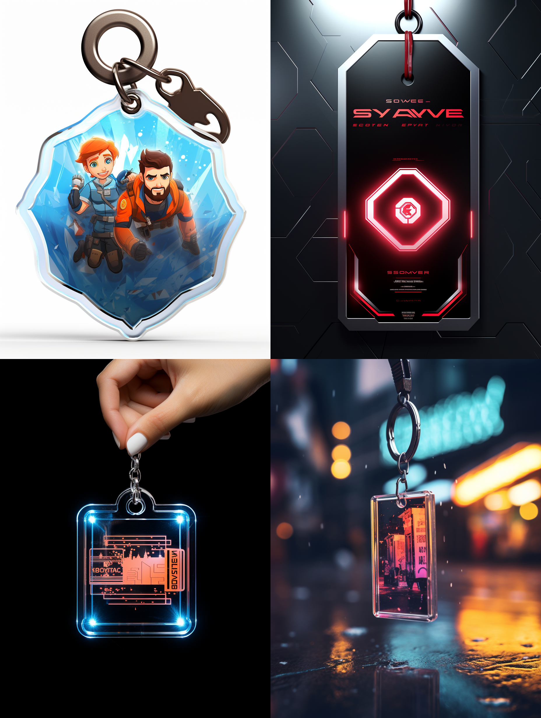 广告海报，亚克力钥匙扣，显示（亚克力钥匙扣定制）的文字，未来主义风格。