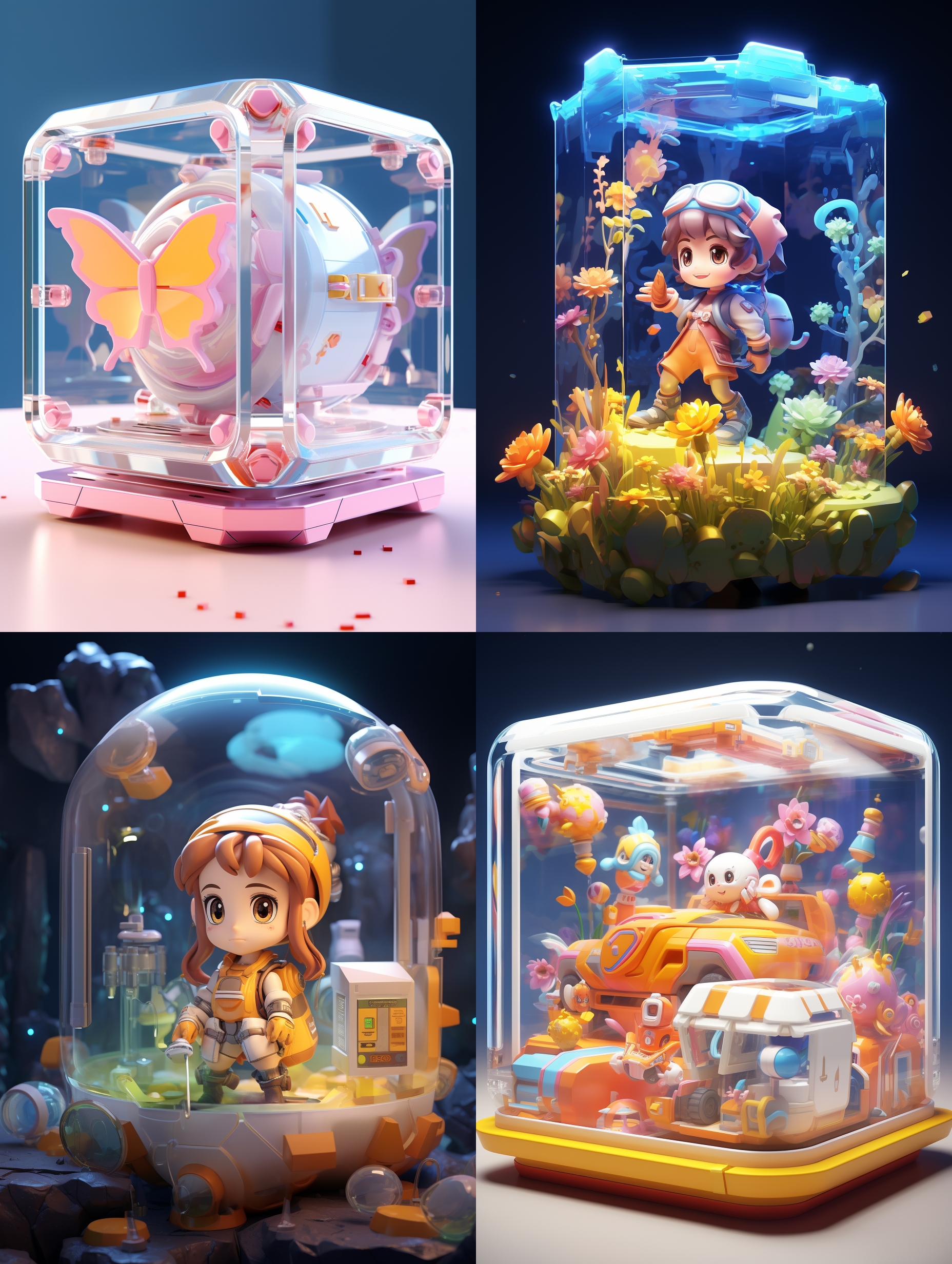 亚克力展示盒，无人机，高端自然配色，明亮和谐，可爱多彩，光线追踪，泡泡商城风格，设计简洁，ip盲盒形象，人物设计细节，有趣的人物设计，行为，海派，有机雕塑，c4d风格，卡通写实，图书插图风格，4k展示，