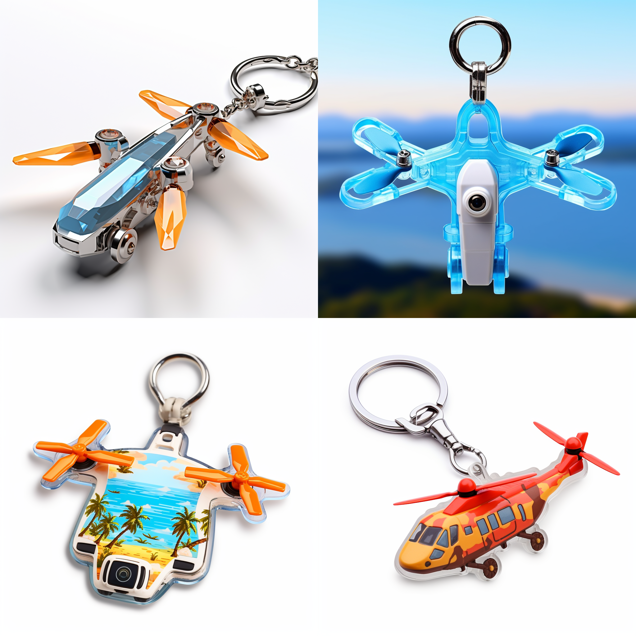 亚克力钥匙扣，drone，产品图片，3d渲染，高端自然配色，明亮和谐，可爱多彩