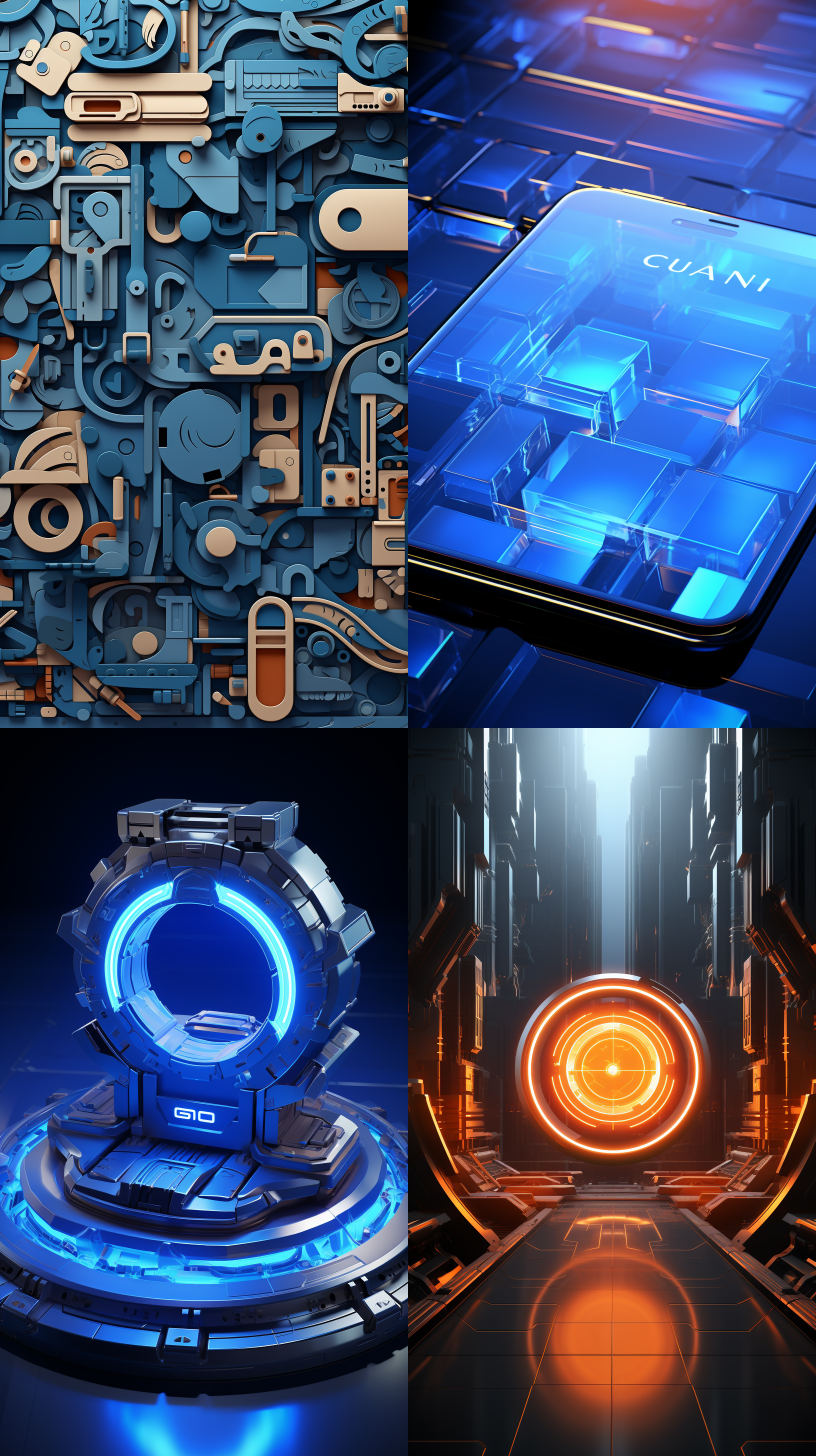 千川文字，蓝色背景，立体感十足的三维字体，c4d渲染效果，明亮的光线投射在字体上，形成鲜明的高光和阴影，呈现出浓厚的科技感和现代感。