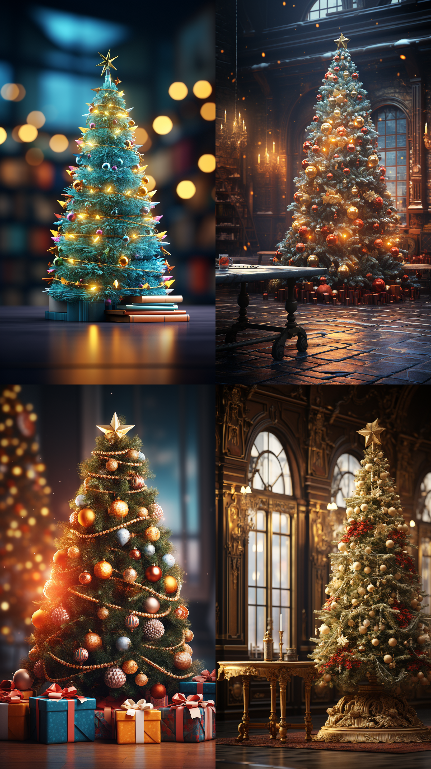 圣诞树，喜庆氛围，c4d渲染，绚丽多彩，分层构图，室内环境，聚光灯照明，镜头透视，动态效果，主题元素，欢乐气氛，细节精致，温暖色调。