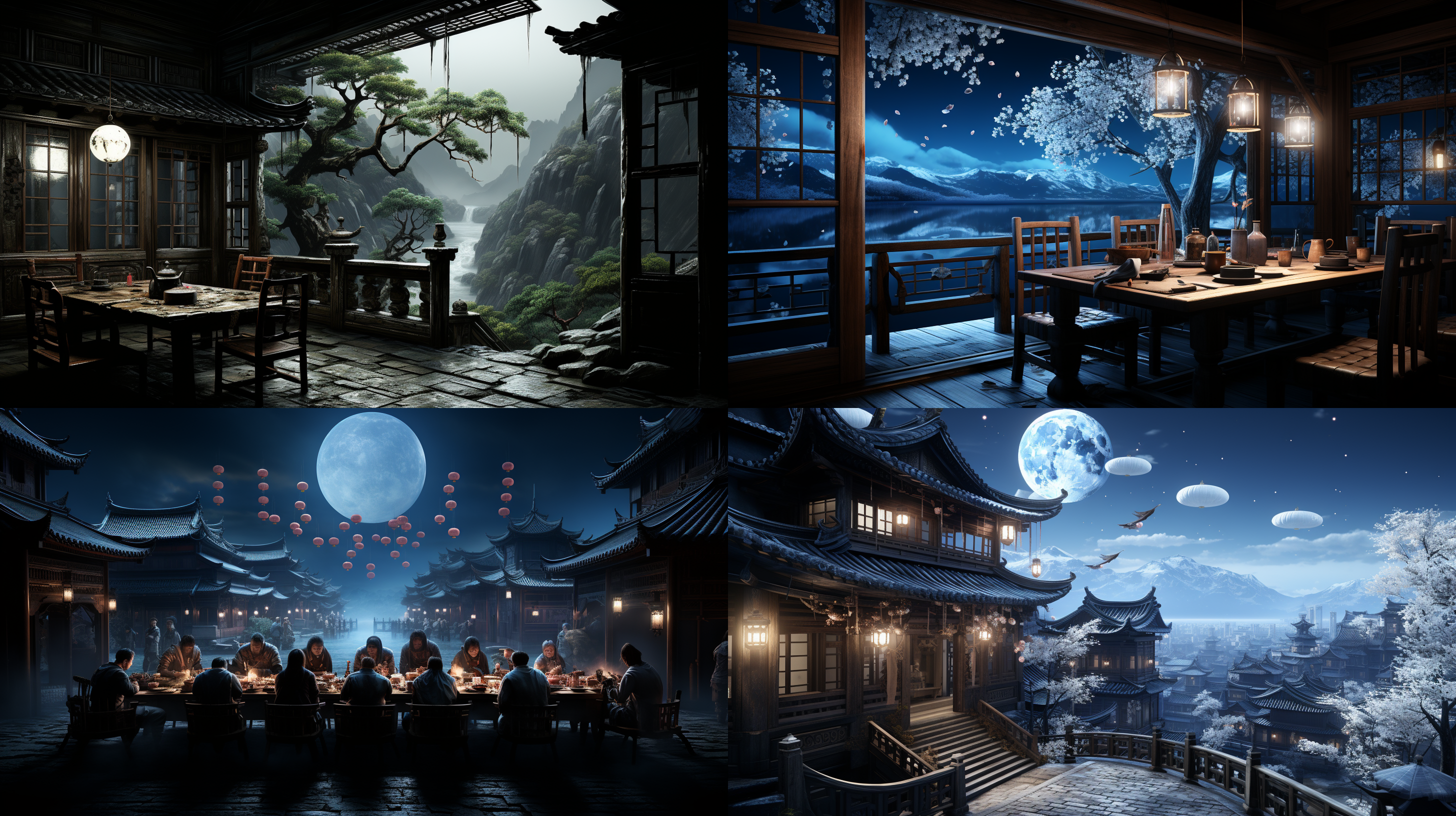创作一幅中国古典文人在月光下坐在小桌旁，举杯向天的形象，画面如诗如画。桌子上放着一个优雅的酒壶。背景是中国传统建筑，舞动的月光反射在附近平静的水面上。