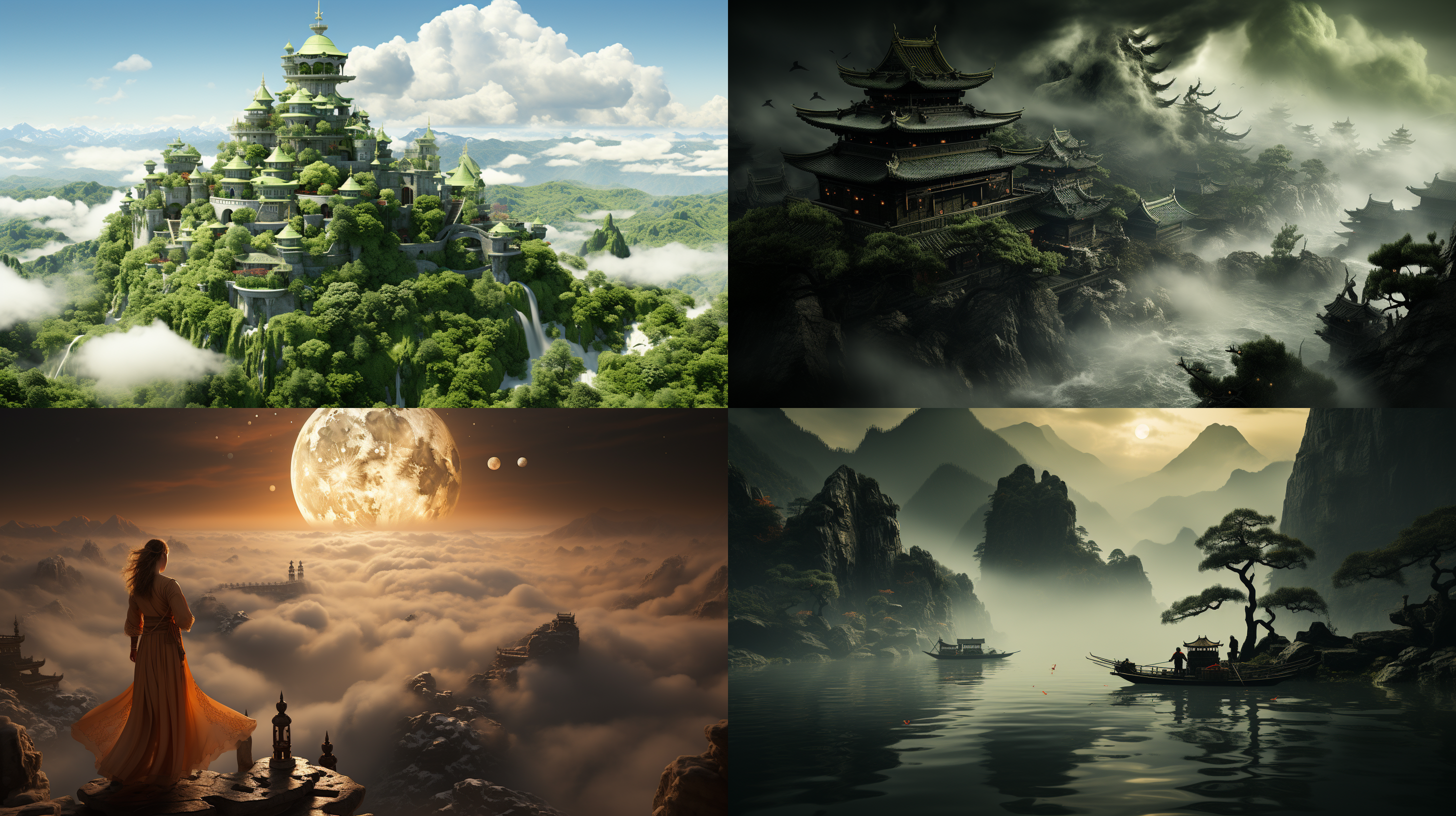 空灵的形象描绘了一个人在想乘风回到天上和害怕豪华玉楼的高度之间的矛盾，表明他们对高处孤独的恐惧。场景以广阔、多风的风景为背景，象征着对天上的渴望。华丽的玉石建筑和塔楼反映了城市生活的魅力和富裕。这张照片带有一种忧郁和怀旧的气氛，以及城市生活的魅力和家庭舒适之间的紧张关系。