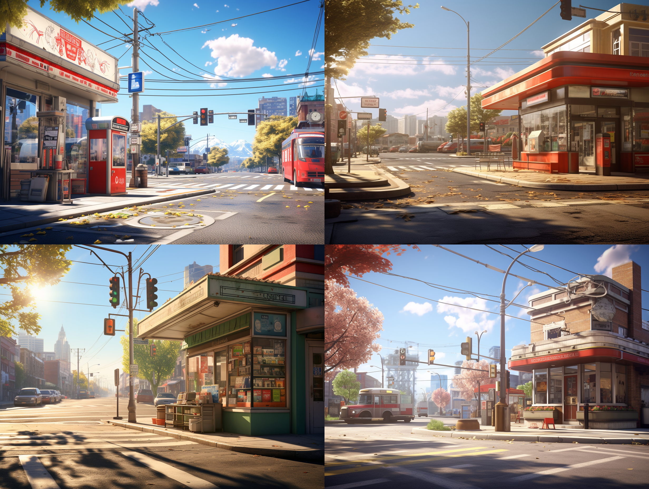 这是一个城市的十字路口，旁边有公交车站和路边小店，阳光很好，超详细，照片真实感，4k