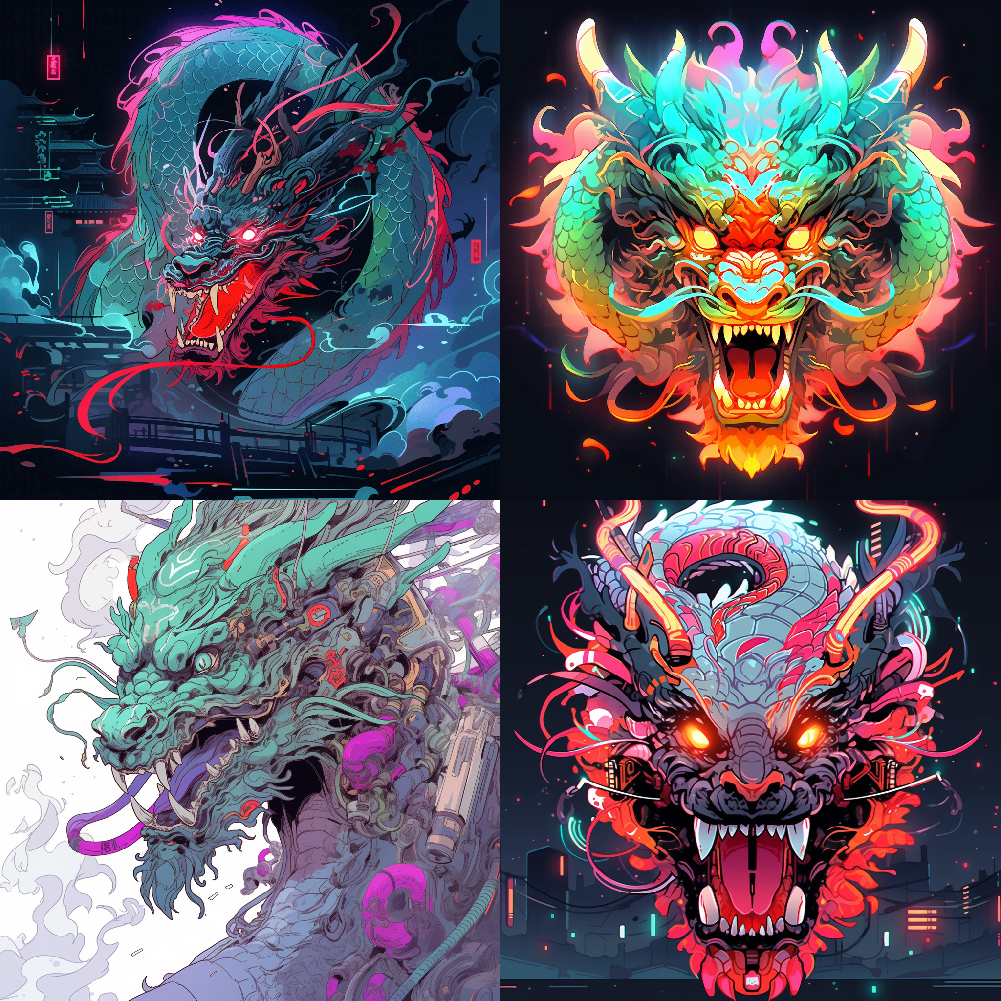 画一条中国龙，需要把龙所有细节都绘画出包括龙的身躯，赛博朋克风格，细节明显，矢量插画，600dpi 