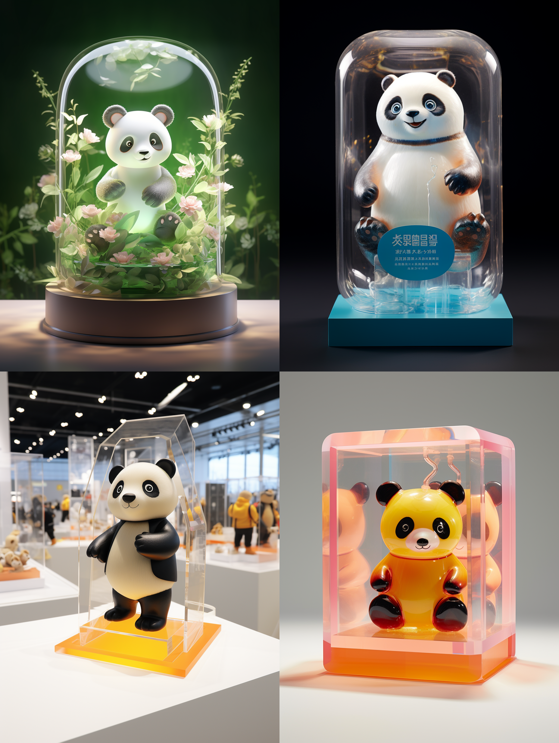 亚克力展示盒，一只可爱的熊猫，看着镜头，站得自然饱满，穿着衣服。高端自然配色，明亮和谐，可爱多彩，光线追踪，泡泡商城风格，设计简洁，ip盲盒形象，人物设计细节，有趣的人物设计，行为，海派，有机雕塑，c4d风格，卡通写实，图书插图风格，4k展示，
