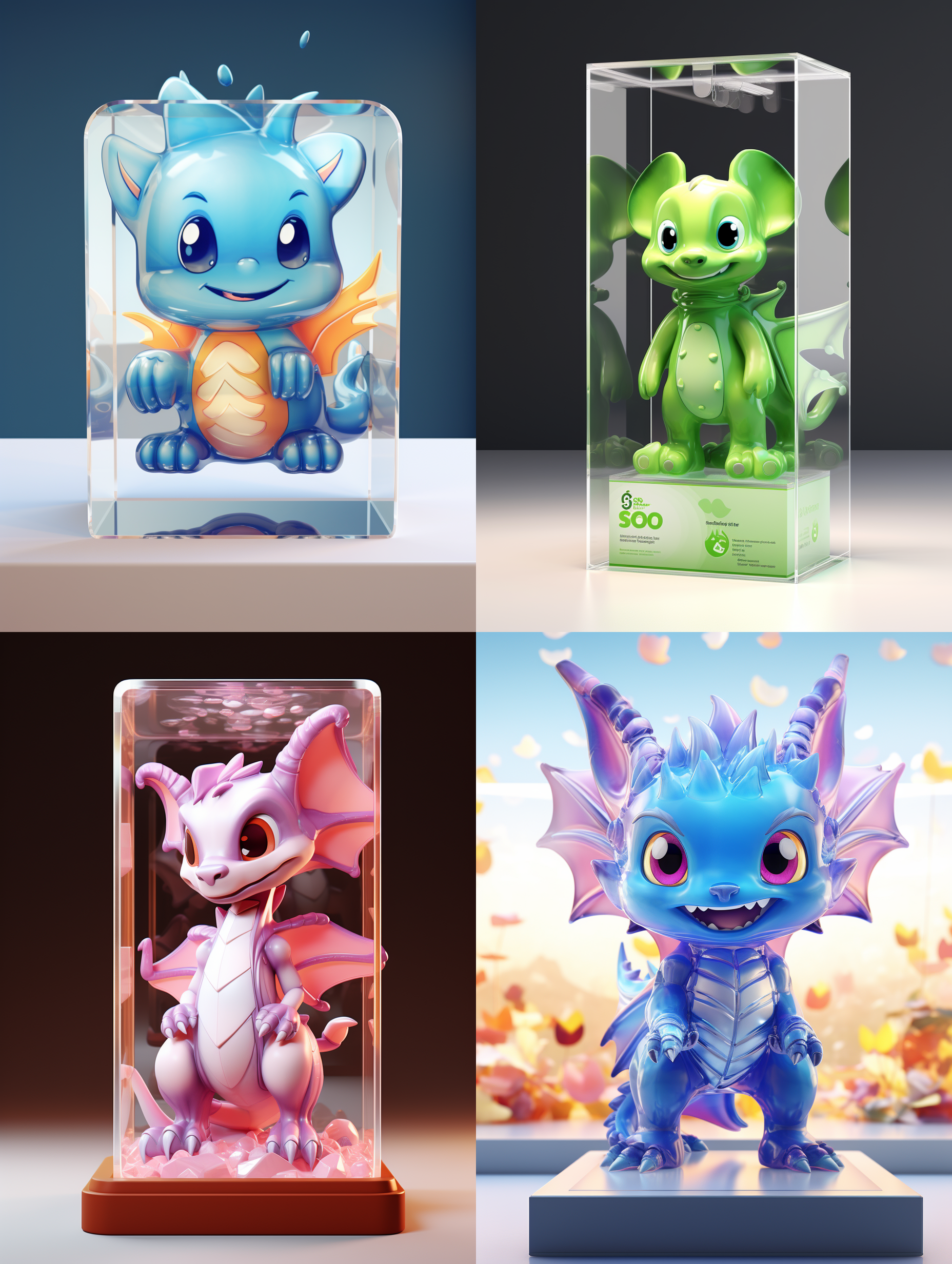 亚克力展示盒，一只可爱的龙，看着镜头，站得自然饱满，穿着衣服。高端自然配色，明亮和谐，可爱多彩，光线追踪，泡泡商城风格，设计简洁，ip盲盒形象，人物设计细节，有趣的人物设计，行为，海派，有机雕塑，c4d风格，卡通写实，图书插图风格，4k展示，