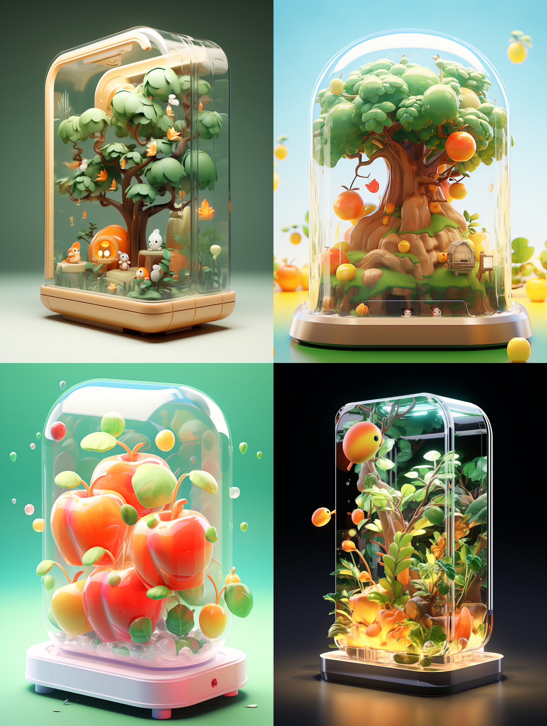 亚克力展示盒，苹果手机，高端自然配色，明亮和谐，可爱多彩，光线追踪，泡泡商城风格，设计简洁，ip盲盒形象，人物设计细节，有趣的人物设计，行为，海派，有机雕塑，c4d风格，卡通写实，图书插图风格，4k展示，