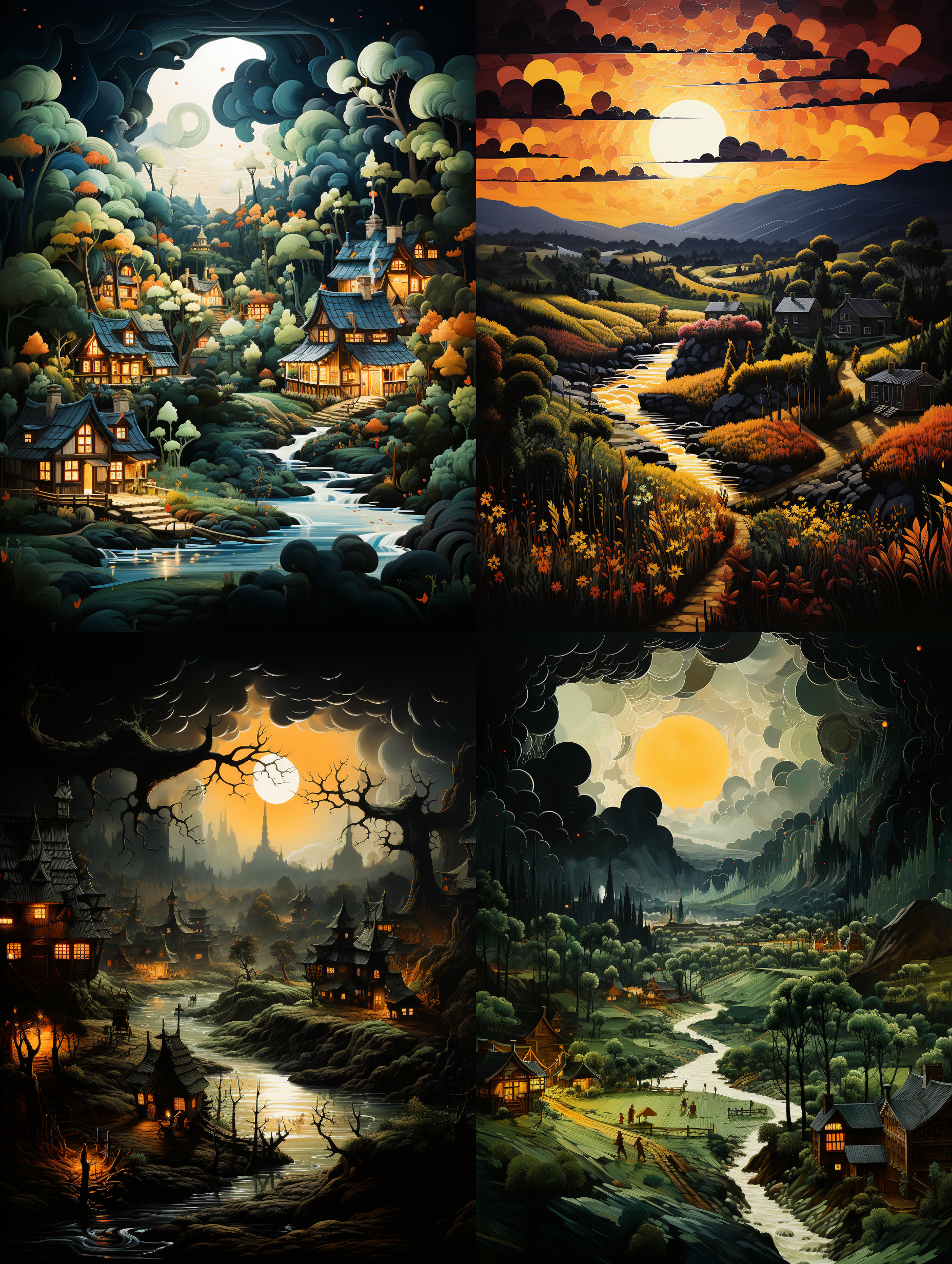 村庄，袅袅青烟，静谧，回忆，小时候的玩伴，勤劳的农民，梵高风格油画。