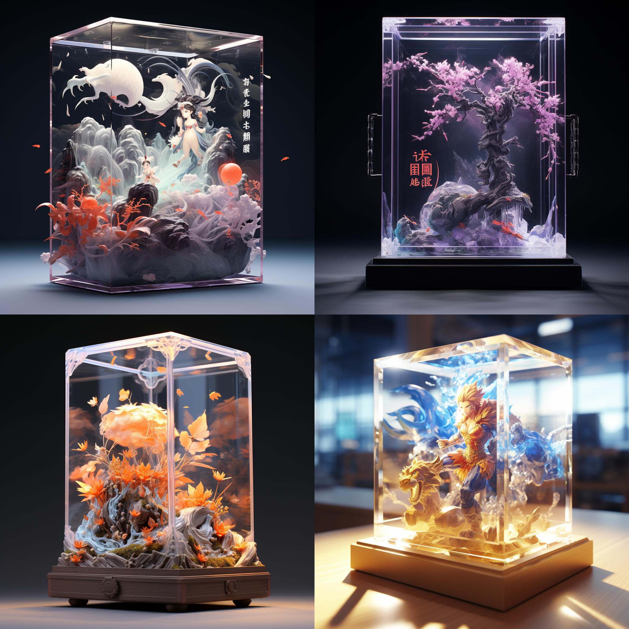 亚克力展示盒，原神，国风华彩，3d渲染，产品图片，充满细节