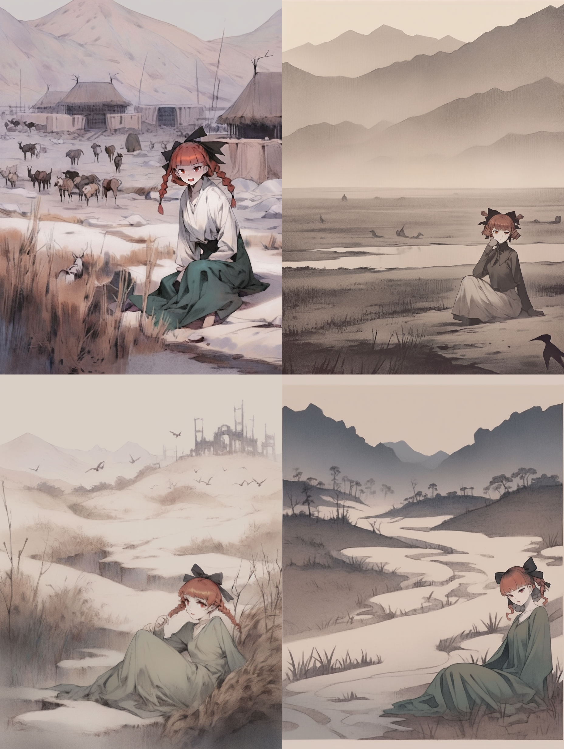 　浩浩乎，平沙无垠，夐不见人。河水萦带，群山纠纷。黯兮惨悴，风悲日曛。蓬断草枯，凛若霜晨。鸟飞不下，兽铤亡群。亭长告余曰：“此古战场也，常覆三军。往往鬼哭，天阴则闻。”鸟无声兮山寂寂，夜正长兮风淅淅。魂魄结兮天沉沉，鬼神聚兮云幂幂。日光寒兮草短，月色苦兮霜白。君不见，青海头，古来白骨无人收。 新鬼烦冤旧鬼哭，天阴雨湿声啾啾！ （烦冤：怀着怨恨的鬼在喊冤。啾啾：凄厉的哭喊声） 红色头发 红色 猫耳 盘腿 坐 歪头 兴奋 笑 得意 蝴蝶结发饰 腿部系带 双辫子 齐刘海 单人 夜晚 下雨 月亮 山上