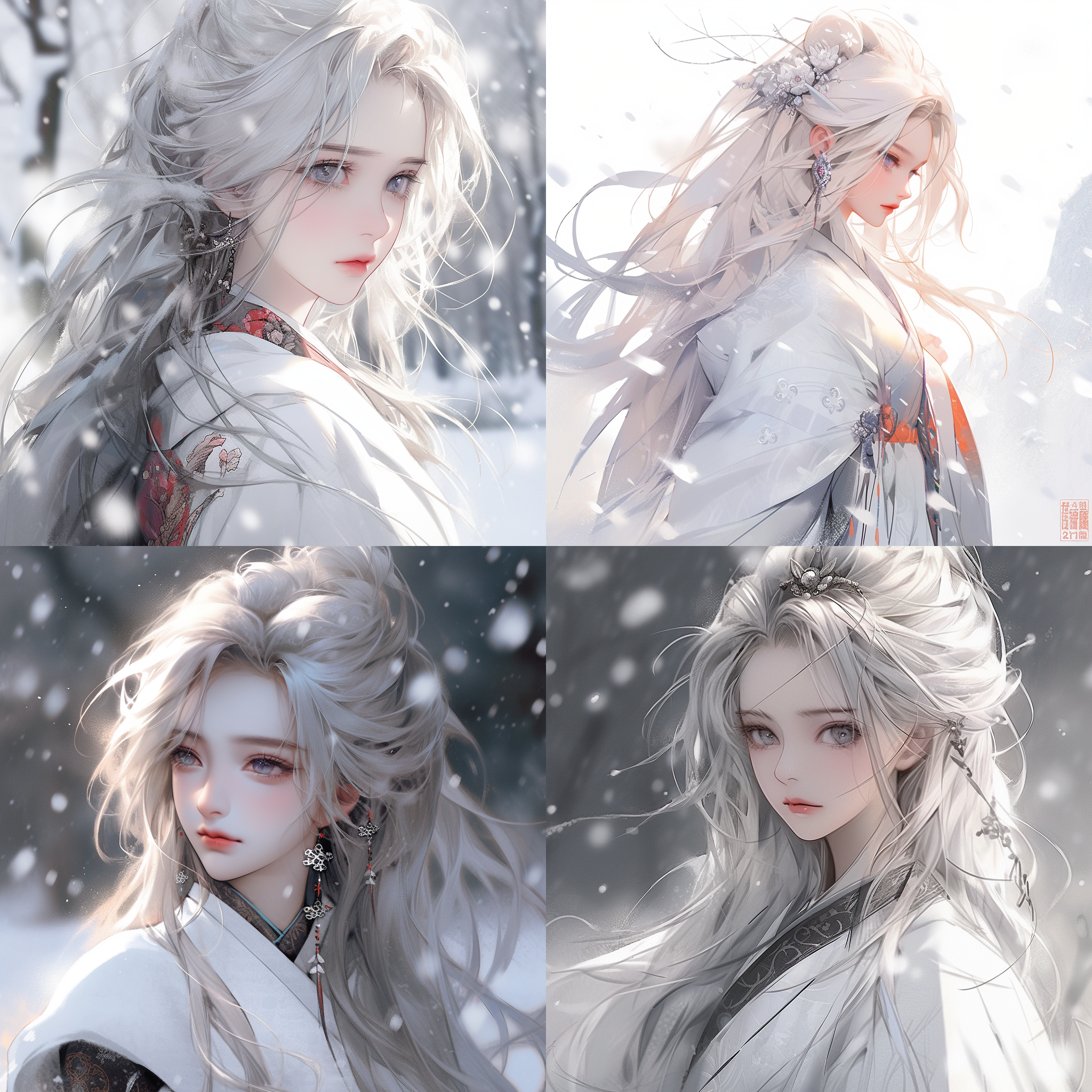 一个长得很好看的女孩儿，中国二十四节气，大雪，穿白色汉服的女孩儿，古风，明亮的大眼睛，雪白的长发，1980年代的动漫风格，梦幻般的现实主义，背景是一片雪景，唯美梦幻 