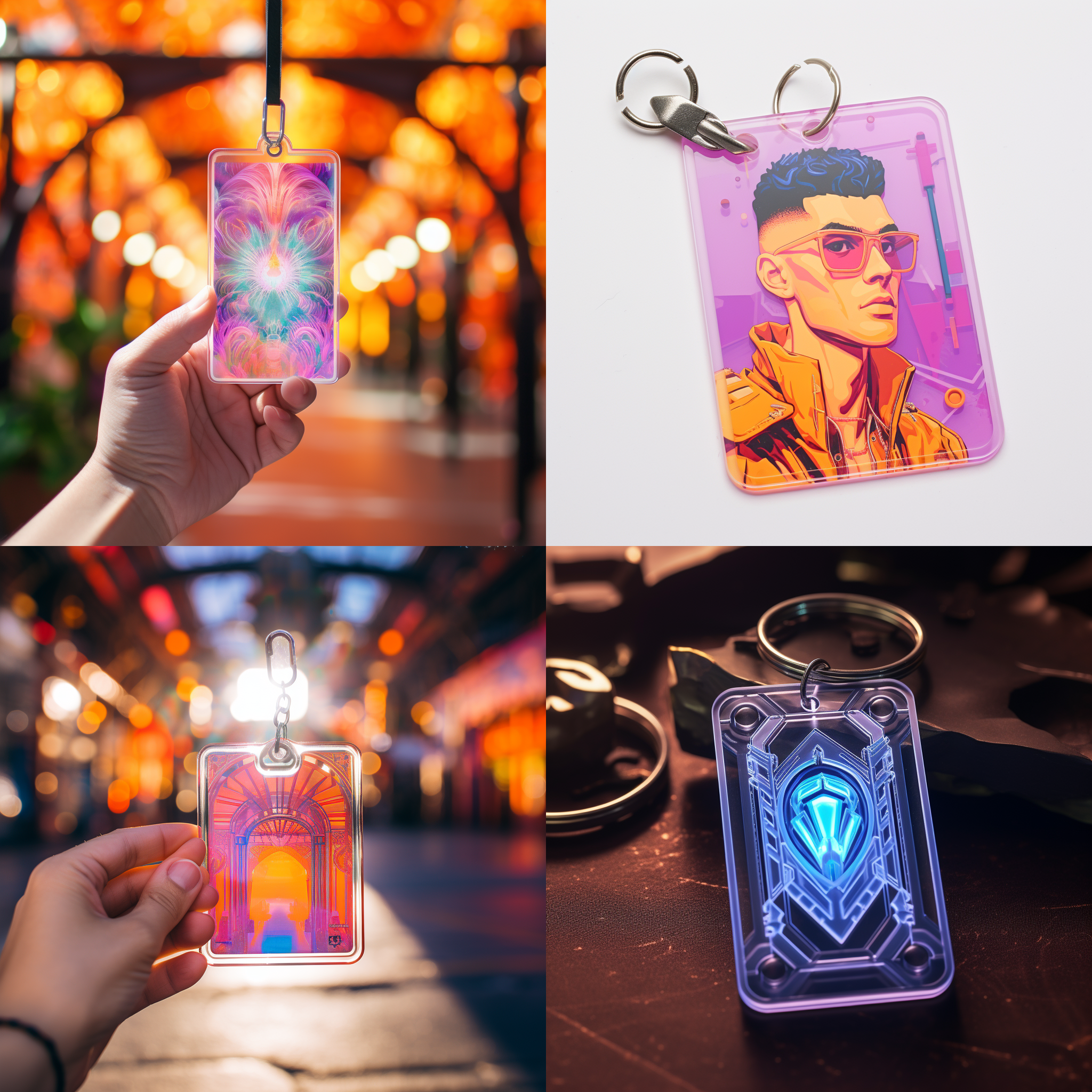 一张海报，背景是亚克力钥匙扣，文案是亚克力钥匙扣定制，未来主义风格，明亮