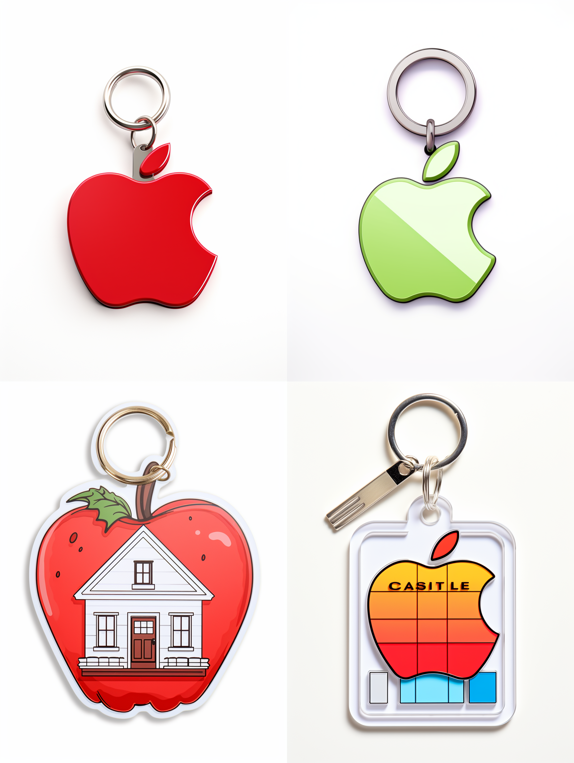 给苹果公司设计一款亚克力钥匙扣，极简主义风格，白色背景，平面图