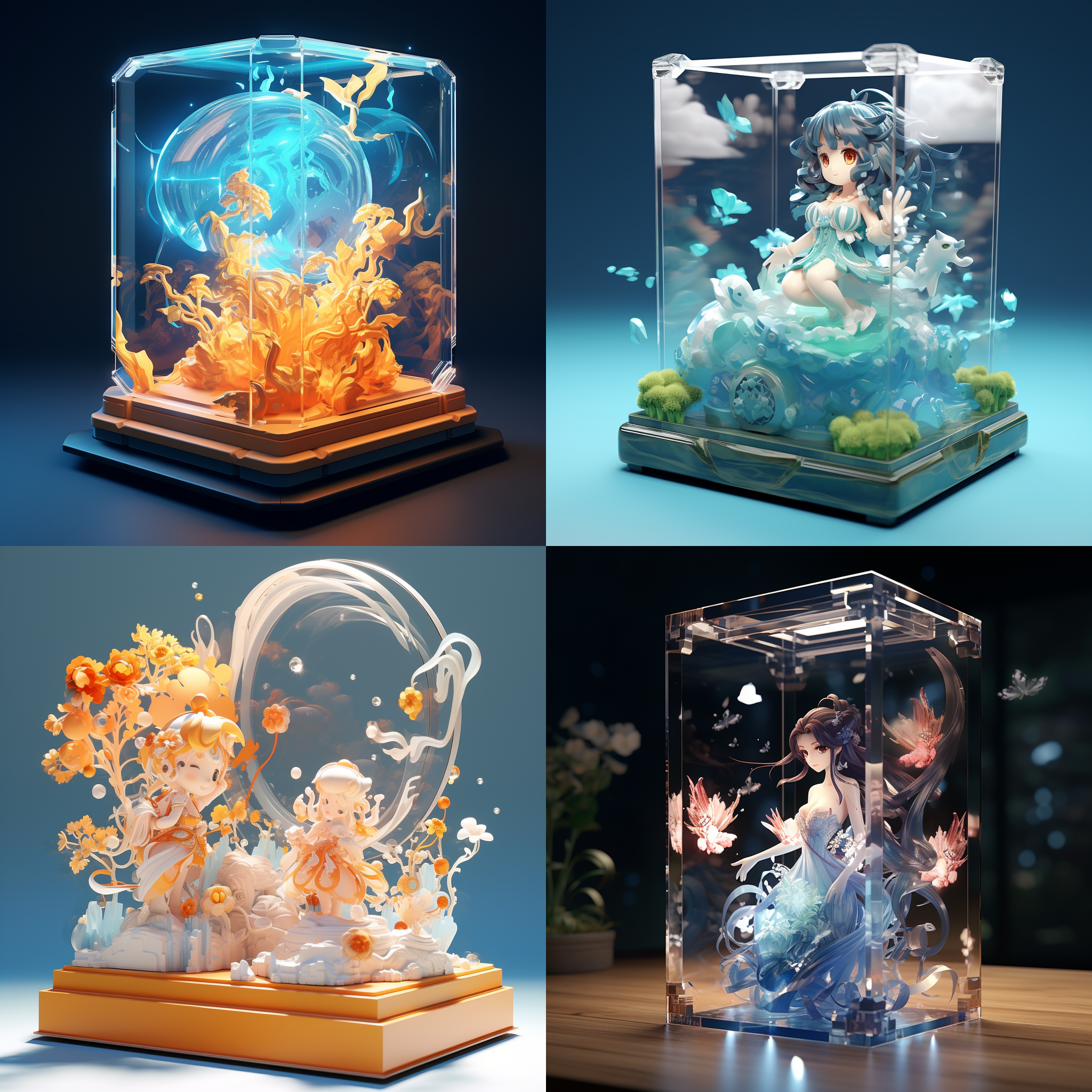 亚克力展示盒，原神，高端自然配色，明亮和谐，可爱多彩，光线追踪，泡泡商城风格，设计简洁，ip盲盒形象，人物设计细节，有趣的人物设计，行为，海派，有机雕塑，c4d风格，卡通写实，图书插图风格，4k展示，