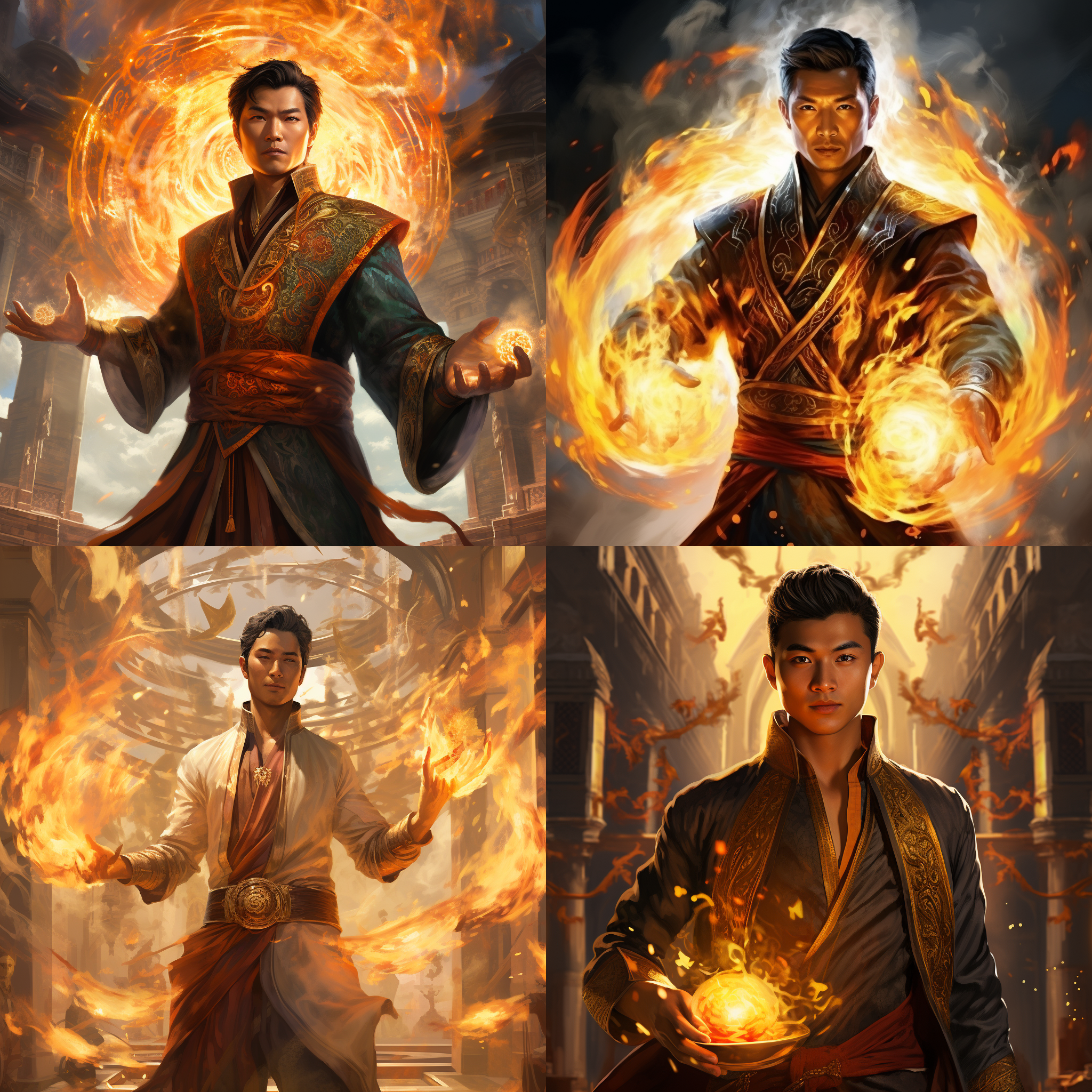 一个正面视角的亚洲术士，穿着帅气站在帝国的时空门前，手上操纵着火焰，目光坚定，看向前方