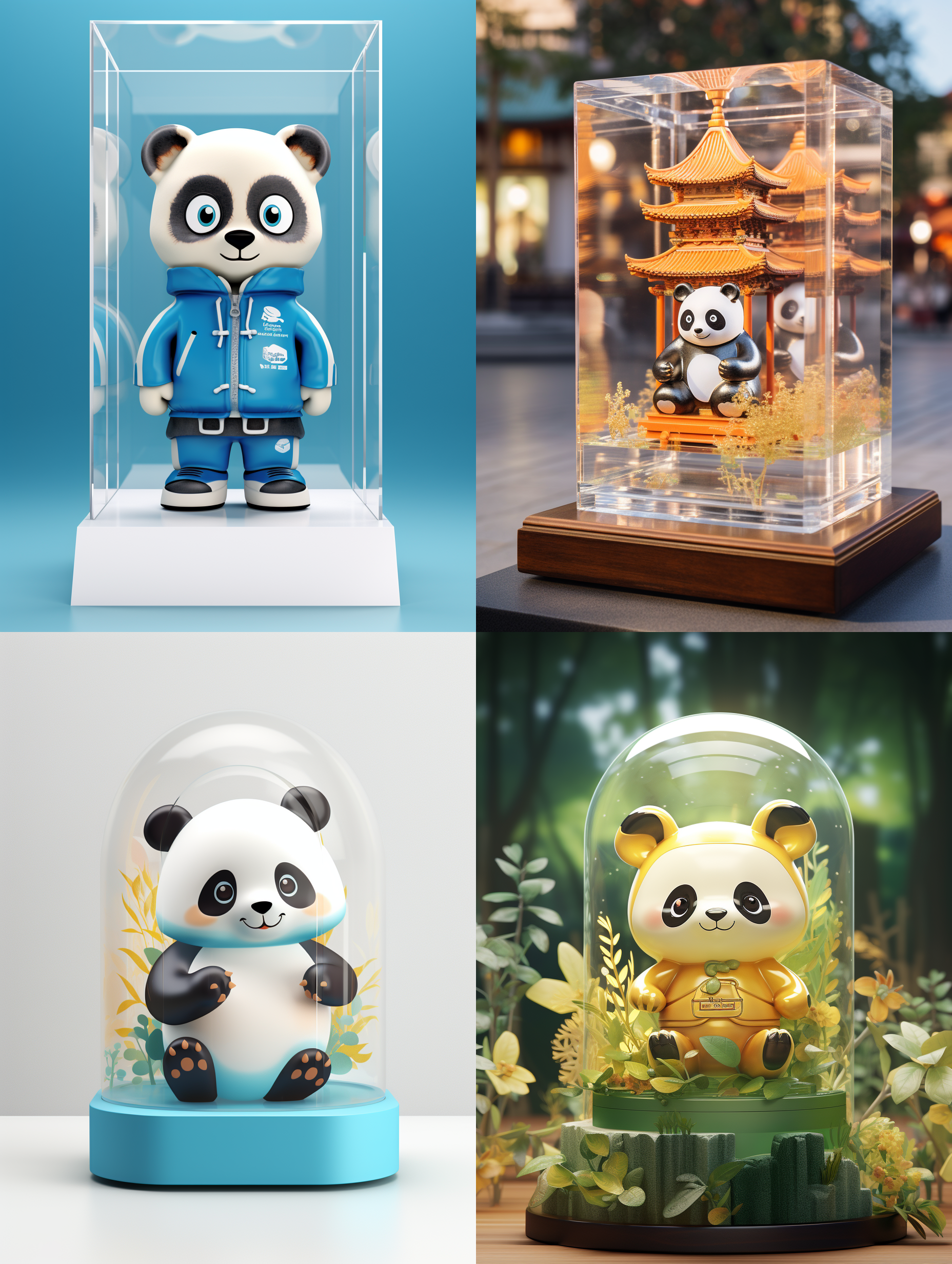 亚克力展示盒，一只可爱的熊猫，看着镜头，站得自然饱满，穿着衣服。高端自然配色，明亮和谐，可爱多彩，光线追踪，泡泡商城风格，设计简洁，ip盲盒形象，人物设计细节，有趣的人物设计，行为，海派，有机雕塑，c4d风格，卡通写实，图书插图风格，4k展示，