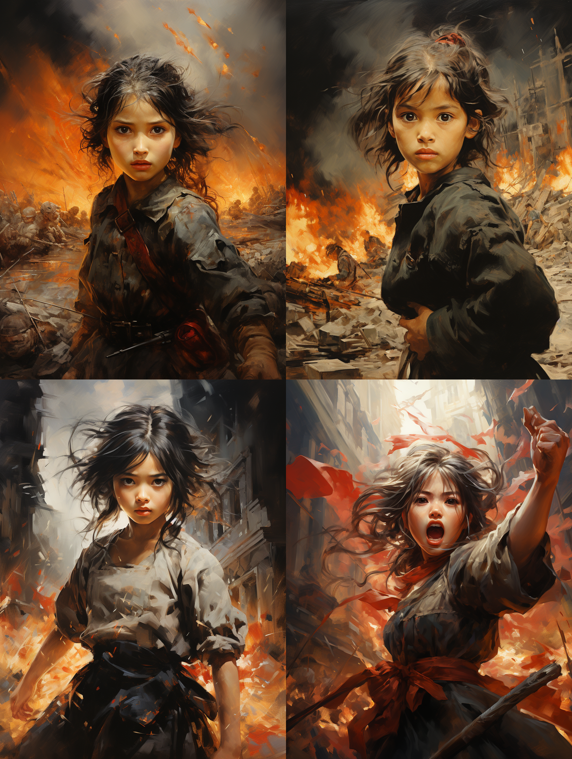 中国抗日战争，中国小女孩，残忍战争，日本鬼子，反战，梵高油画效果。