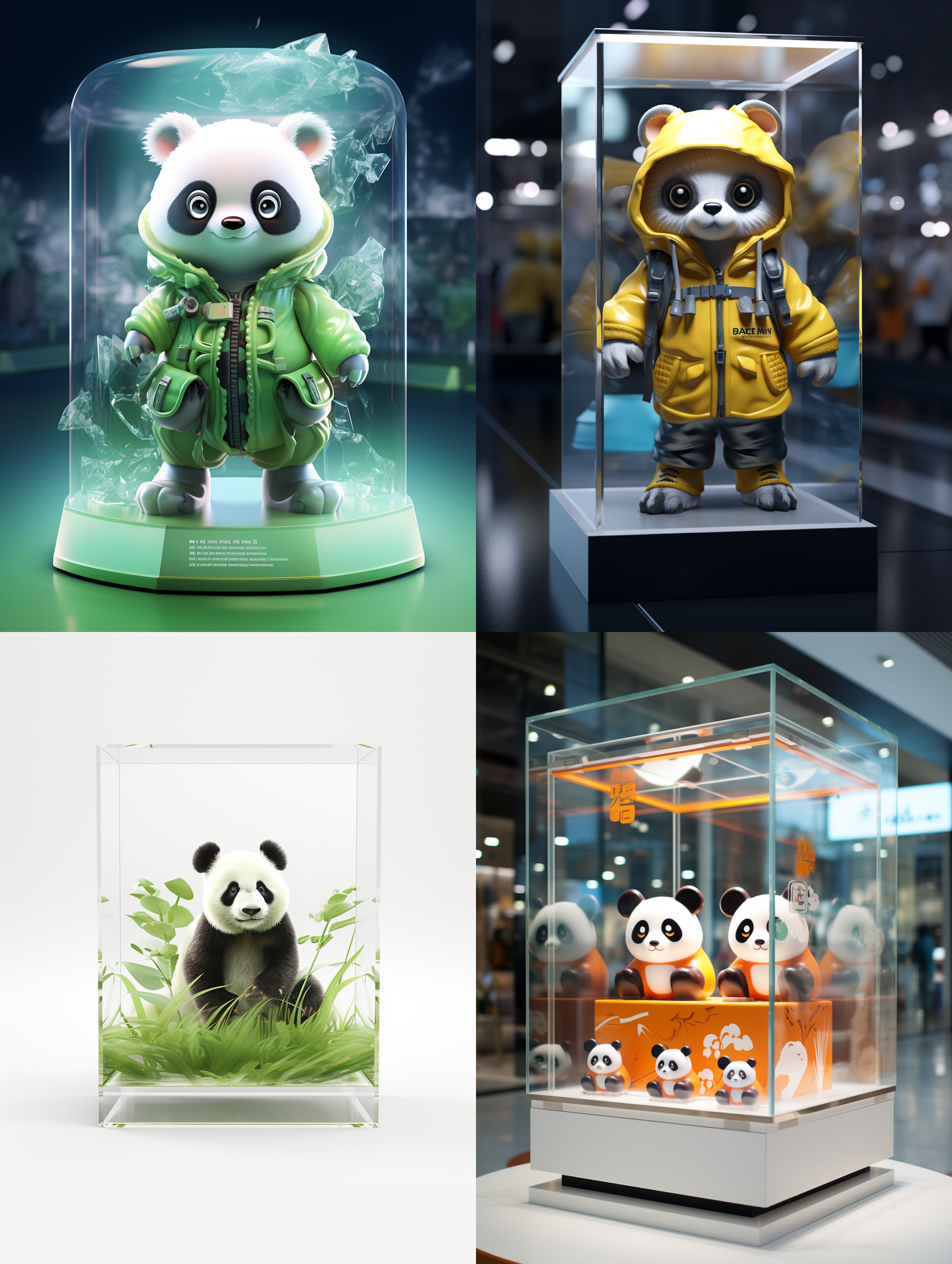 亚克力展示盒，一只可爱的熊猫，看着镜头，站得自然饱满，穿着衣服。高端自然配色，明亮和谐，可爱多彩，光线追踪，泡泡商城风格，设计简洁，ip盲盒形象，人物设计细节，有趣的人物设计，行为，海派，有机雕塑，c4d风格，卡通写实，图书插图风格，4k展示，