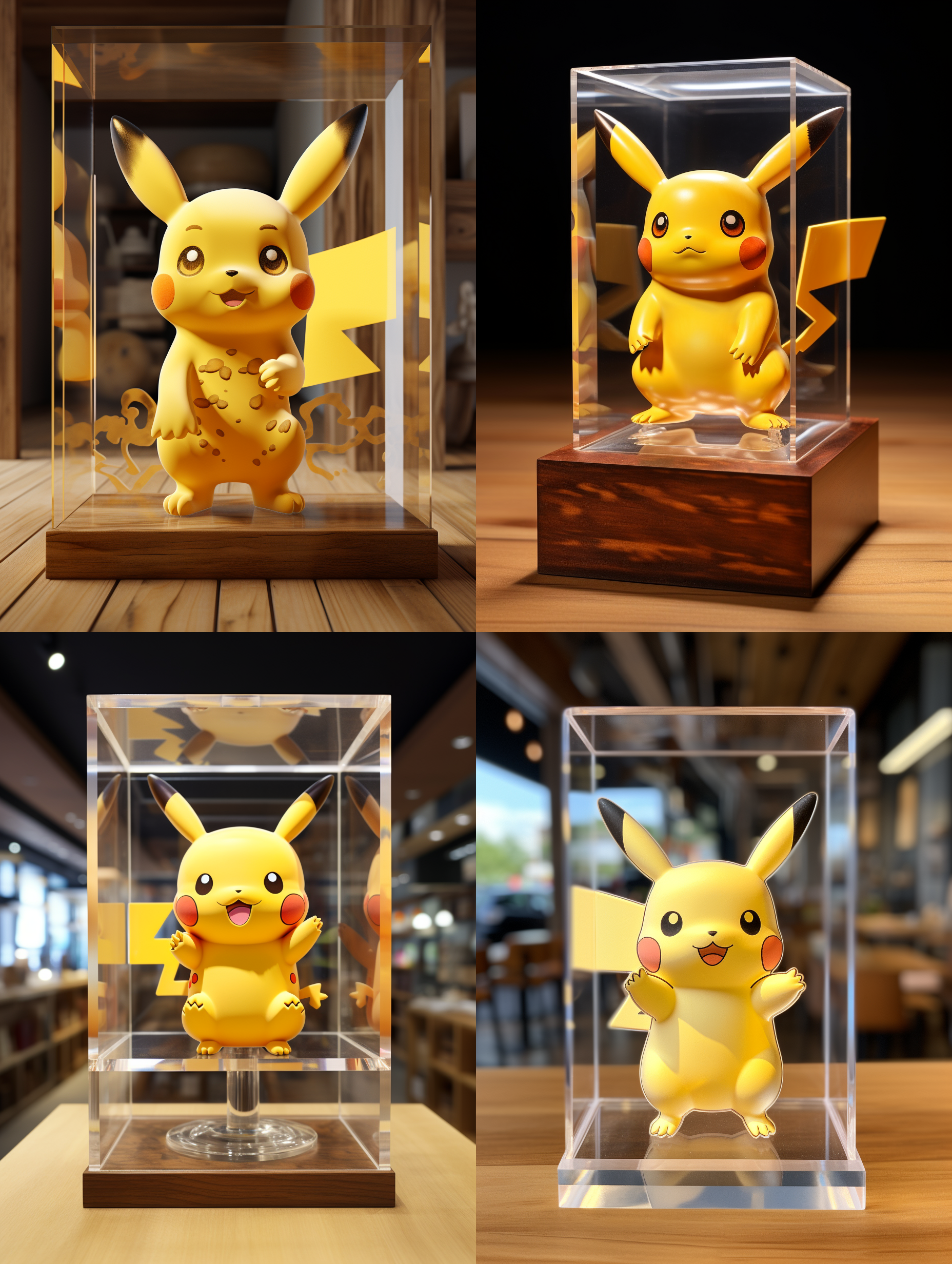 亚克力展示盒，一只可爱的皮卡丘，看着镜头，站得自然饱满，穿着衣服。高端自然配色，明亮和谐，可爱多彩，光线追踪，泡泡商城风格，设计简洁，ip盲盒形象，人物设计细节，有趣的人物设计，行为，海派，有机雕塑，c4d风格，卡通写实，图书插图风格，4k展示，