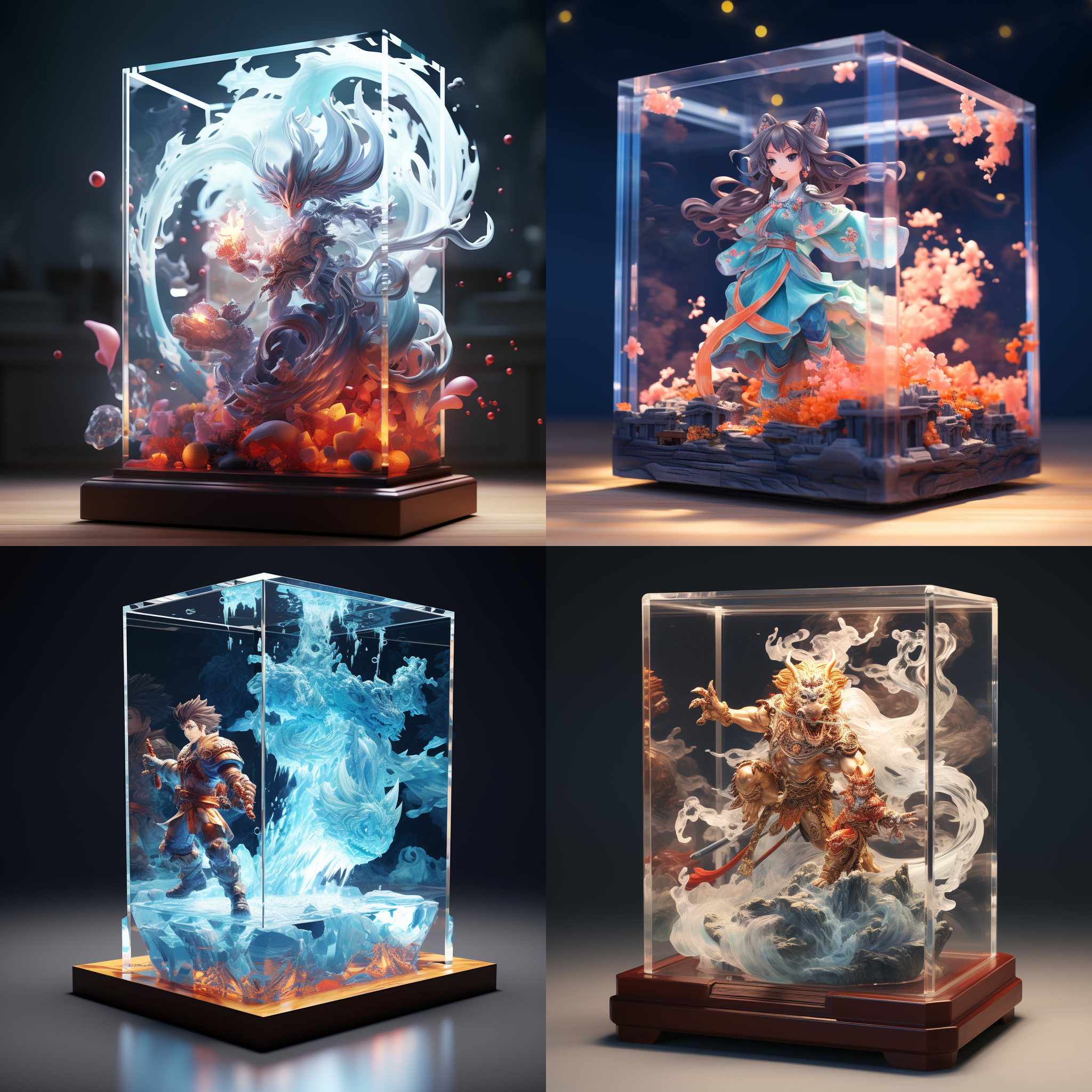 亚克力展示盒，原神，国风华彩，3d渲染，产品图片，充满细节