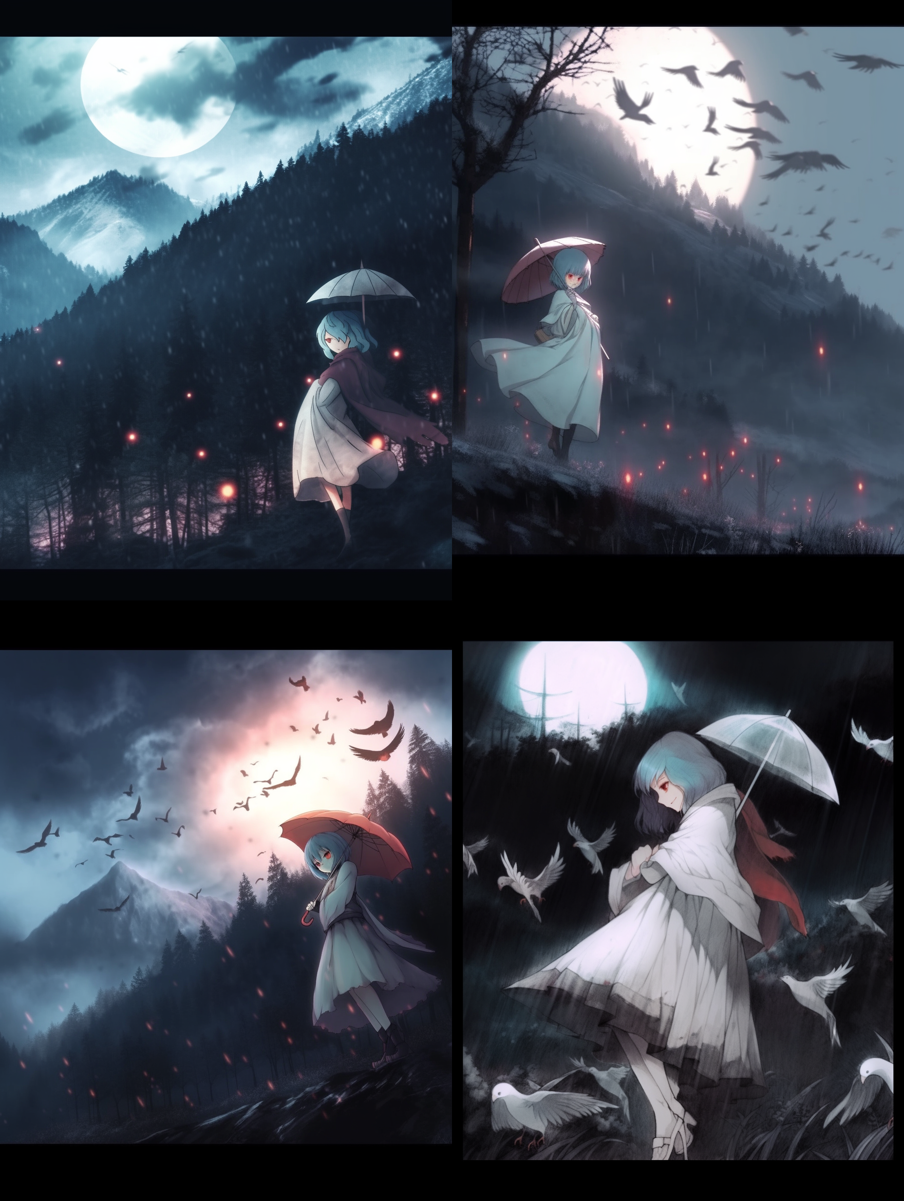 鸟无声兮山寂寂，夜正长兮风淅淅。魂魄结兮天沉沉，鬼神聚兮云幂幂。日光寒兮草短，月色苦兮霜白。