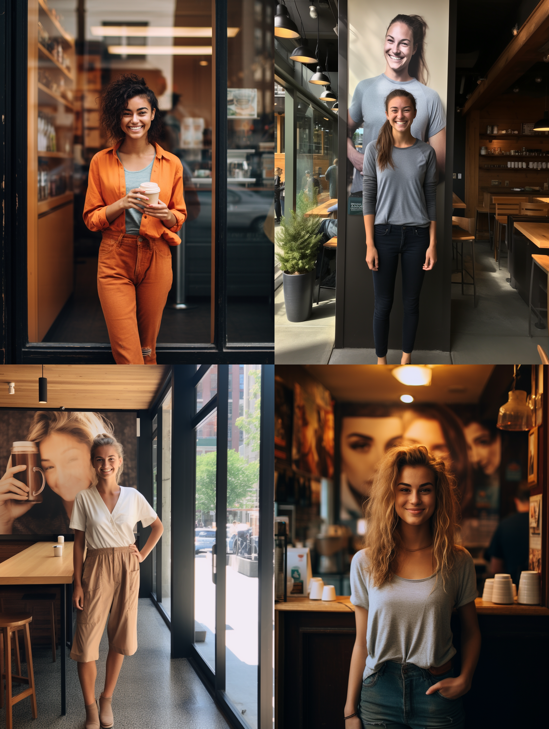 一个女孩，微笑，站在咖啡店前 照片 全身