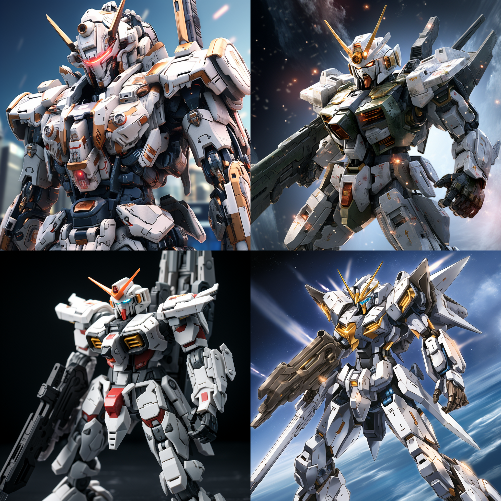 高达机甲，构造细节刻画，头部两侧内是近距离激光炮，手上有光速盾牌，背部是狙击枪，腰部是光速剑技实足，科幻，星空，电影画质，超清画质