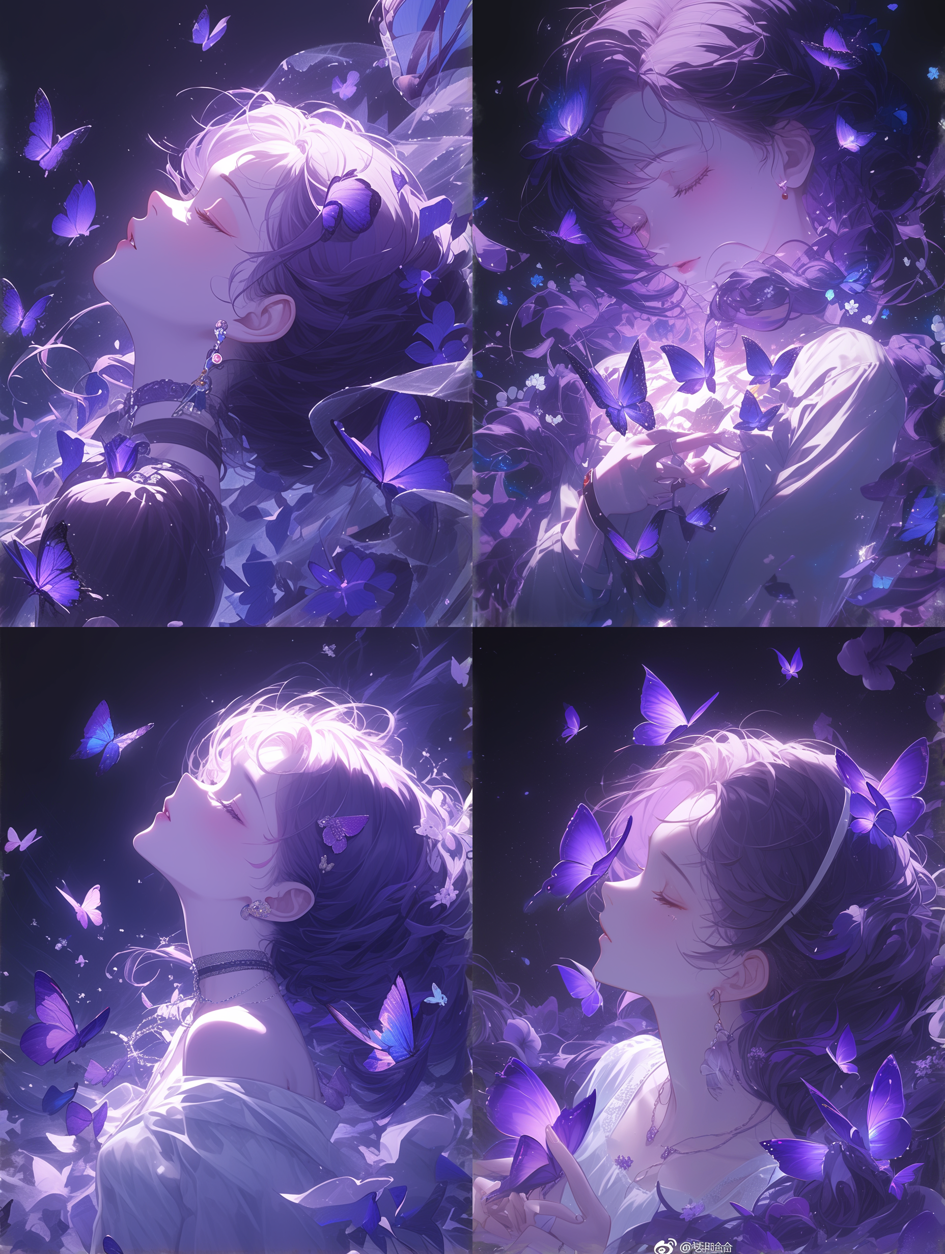 动漫美女肖像，紫色调，蝴蝶飞舞，冷蓝光，闭眼，自然环绕，雪纺，哀愁，存在感。