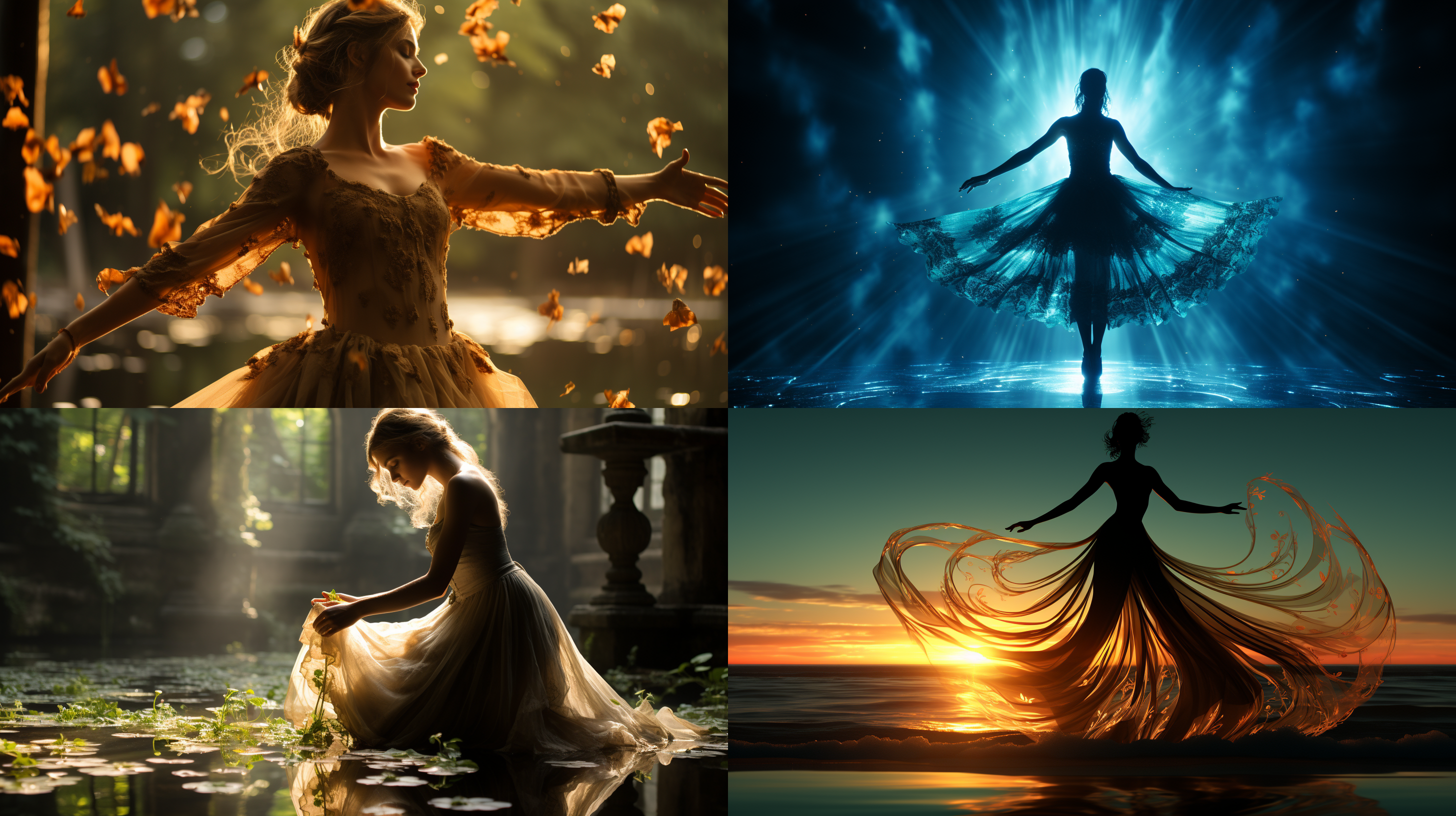 欣赏明亮月光下曼妙舞姿，倒影闪烁，仿佛刚从天而降。画面中，一位飘逸的亚洲混血舞者在柔和的月光下翩翩起舞。他们的倒影在他们脚下的地面上闪烁，为这个场景增添了非凡的魅力。