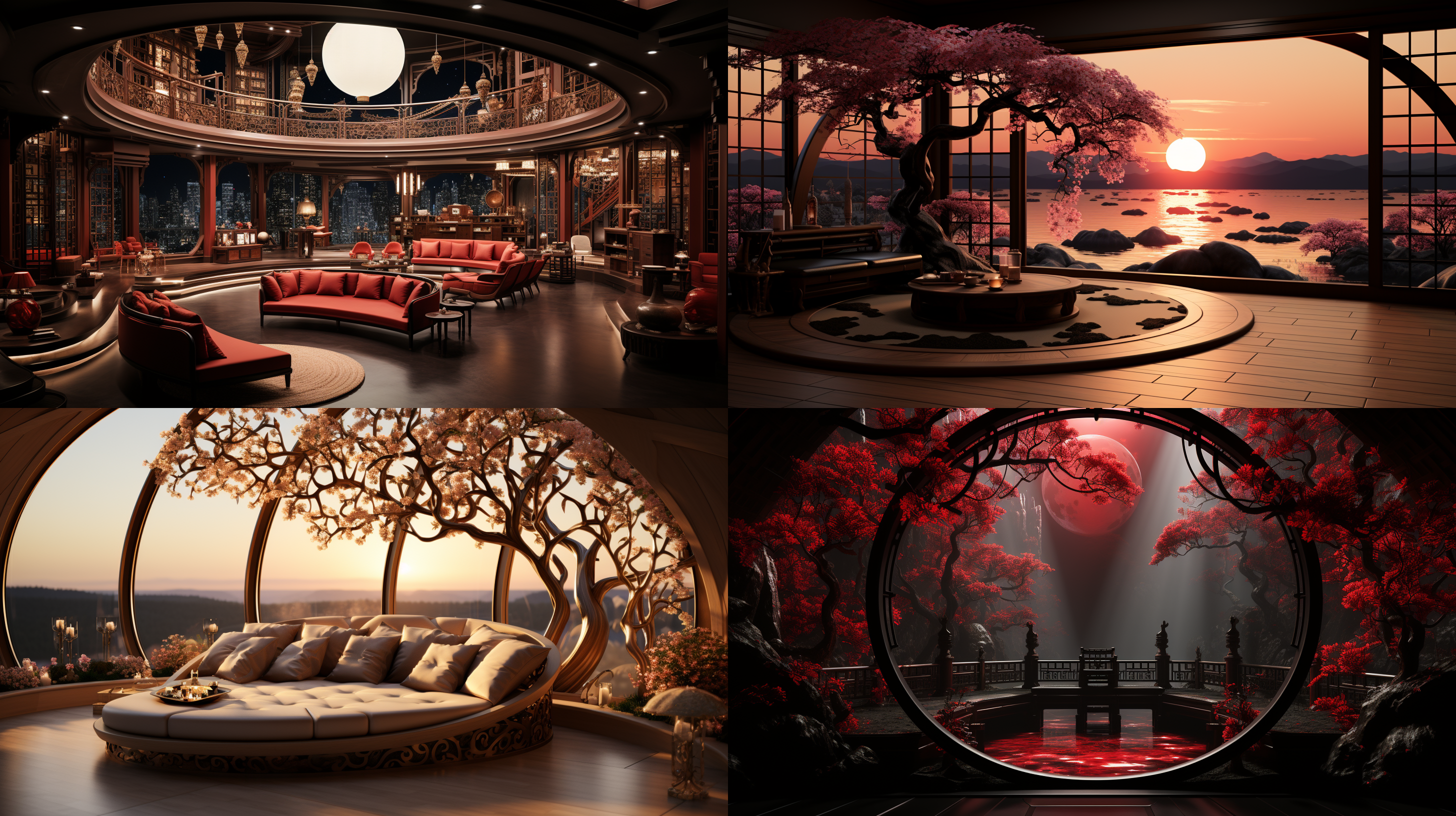 弯弯的月亮在一座红色的阁楼上空转动，低垂在雕花精美的窗户上，将温柔的光芒洒在一个无法入睡的（人）身上。这个人应该是中国文人