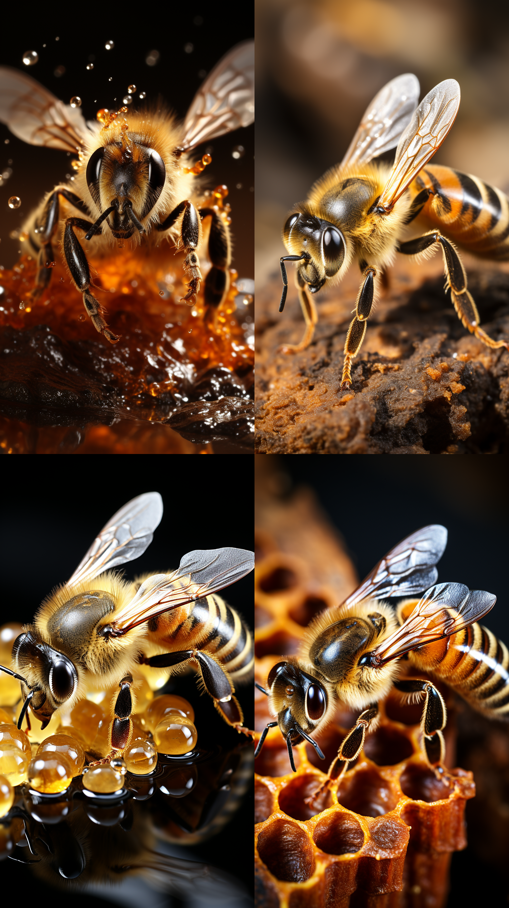 做广告的蜜蜂，对角线构图，明亮色彩，浅景深，微距镜头，柔和侧光，细腻纹理，快速快门，忙碌动作，生机勃勃。